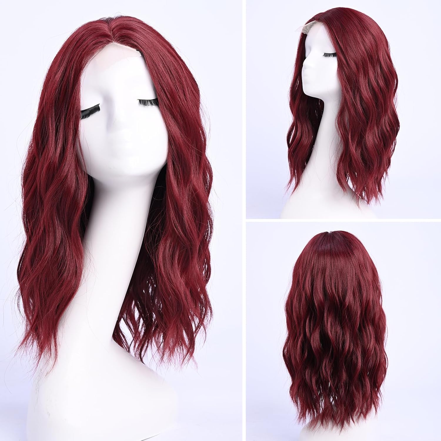 YaissmyLu Medium Length Burgundy Wavy Wigs for Women 12 Inch Middle Part Wavy Wig Wine Red Natural Looking Synthetic Heat Resistant Fiber Wig for Daily Use(18 inch) - Image 2
