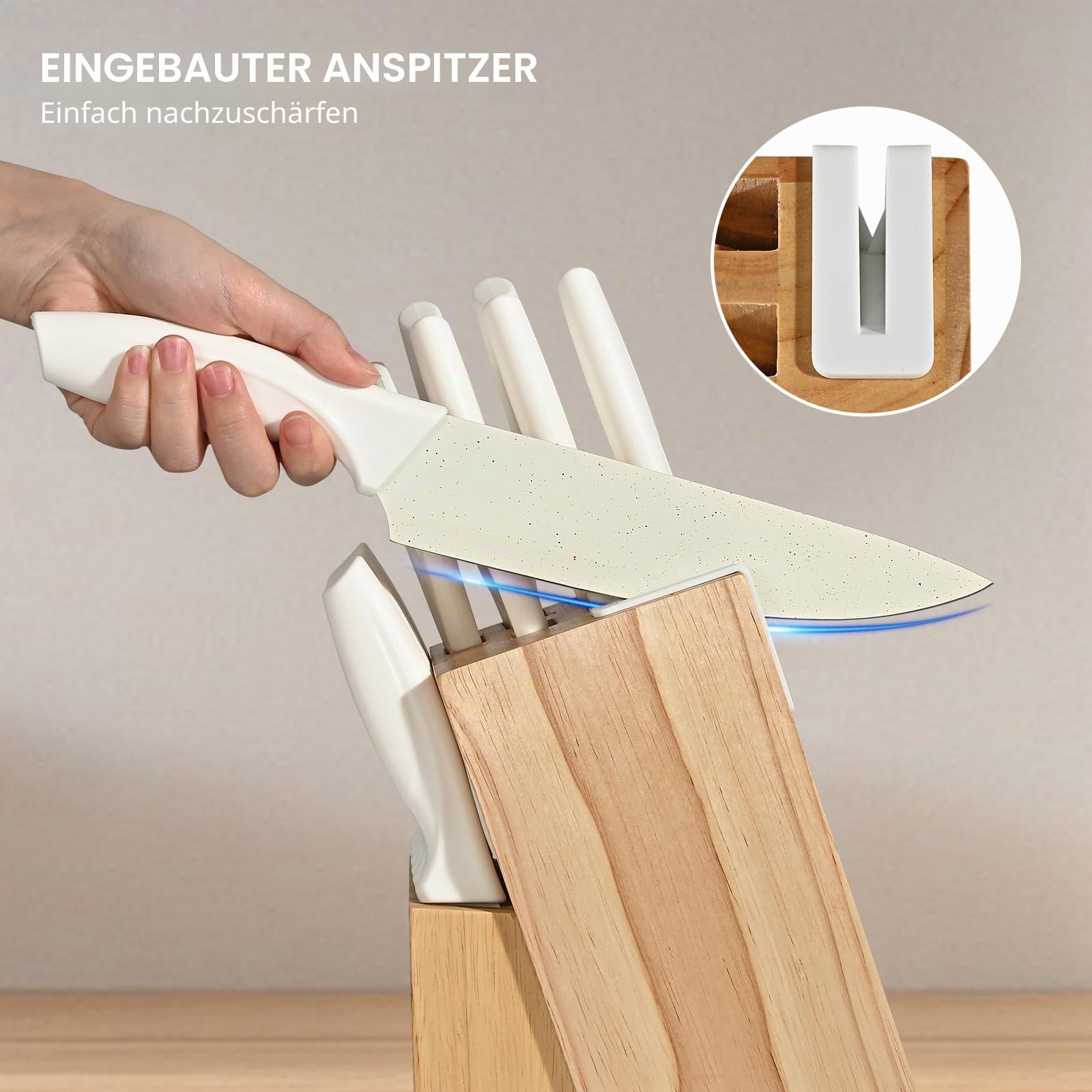 Messerset mit Block, 15-teiliges Küchenmesserset, Küchenmesser zum Hacken, Schneiden, Würfeln, spülmaschinenfest, integrierter Schärfer, weiß