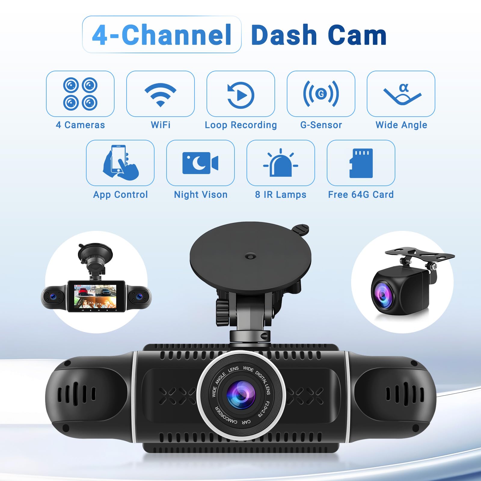 Roinvou 4K 1080P Dash CAM Auto, 5GHz WiFi Dashcam met SD-kaart 64GB, Autobewakingscamera met 3″ IPS-scherm, 170° groothoek, lusopname, G-sensor, nachtzicht Roinvou 4K 1080P Dash CAM Auto, 5GHz WiFi Dashcam met SD-kaart 64GB, Autobewakingscamera met 3″ IPS-scherm, 170° groothoek, lusopname, G-sensor, nachtzicht