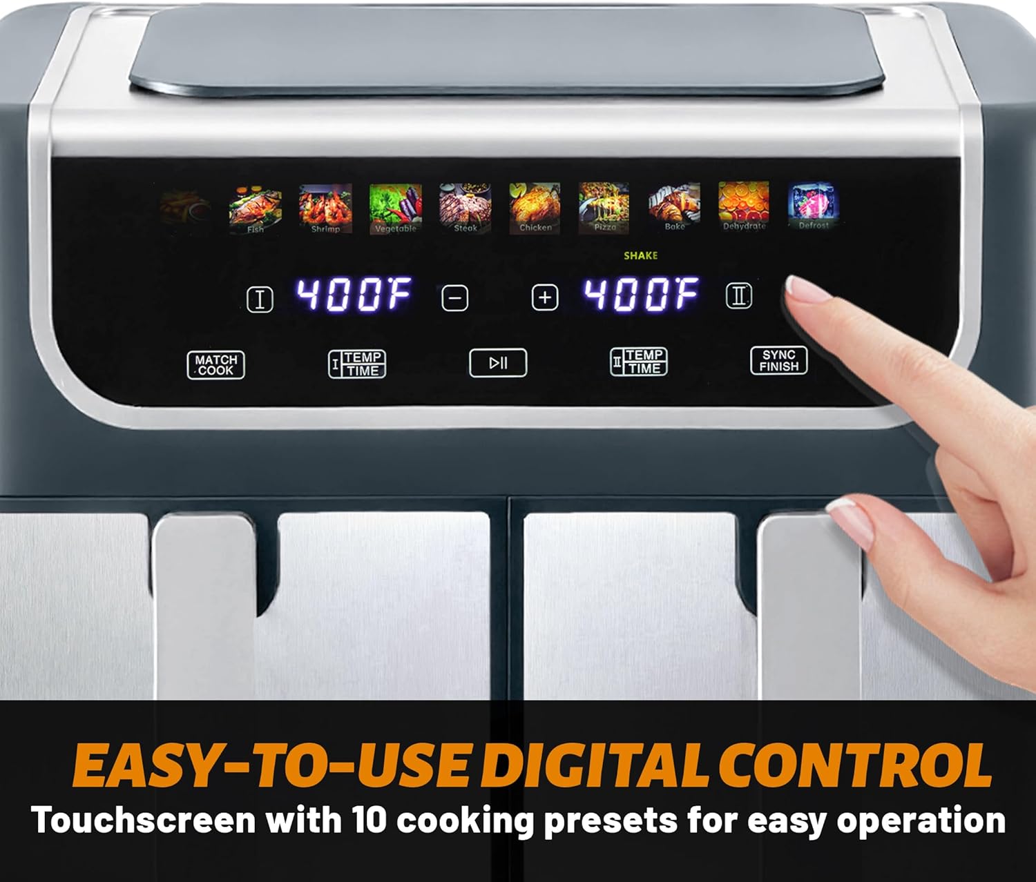 2 Baskets Air Fryer 9.5 QT, 10 in 1 Dual Air Fryers with Ceramic Crisper Plate, 80-450°F Wide Temp, Smart Cooking Mode with Match & Sync Cook, Shake Reminder, Roast, Defrost, Bake, Grey