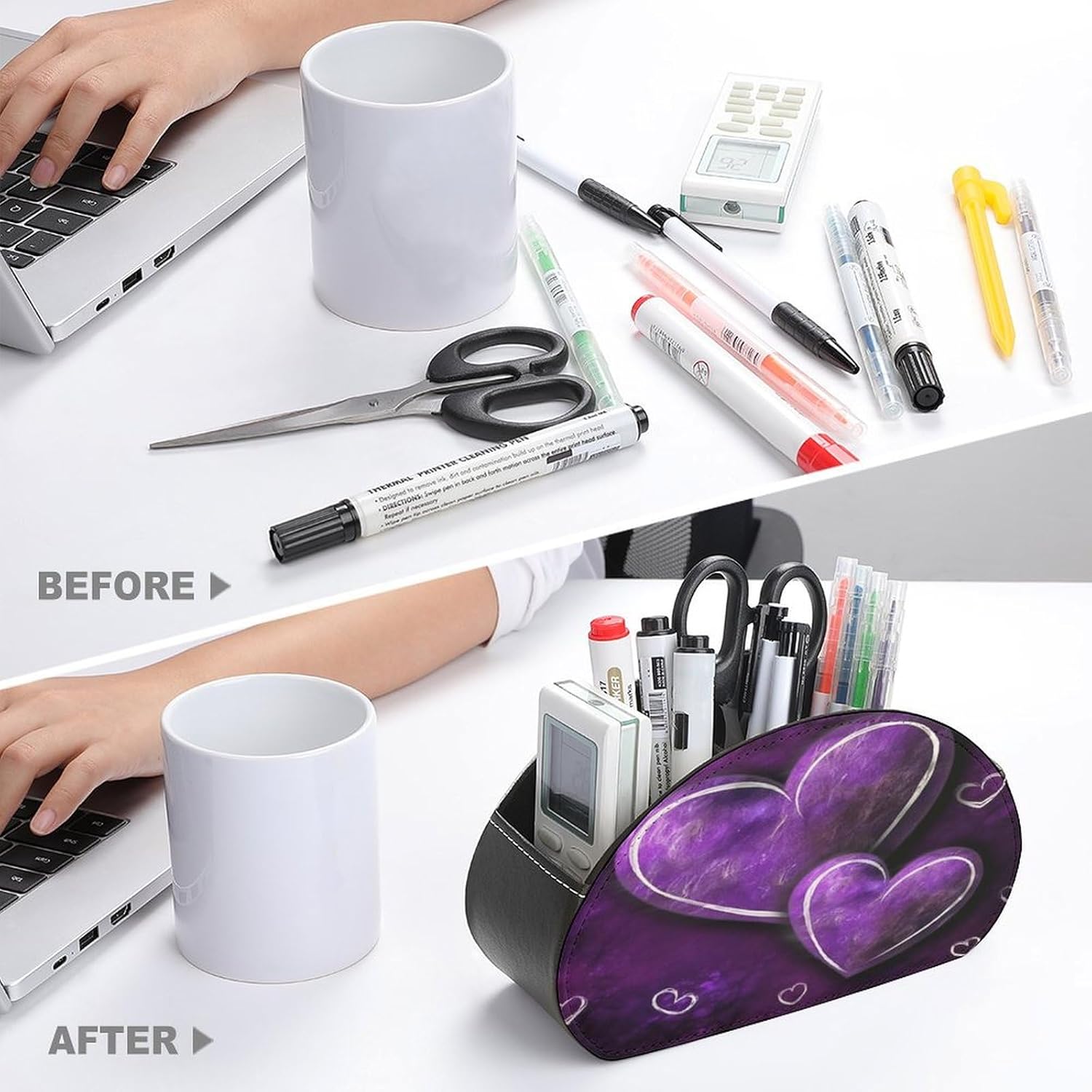 Pu Leather Remote Caddy Box Tray Remote Control Holder with 5 Compartments Purple Hearts Printed Bedside Table Desk Storage Organizer for Controllers And Cosmetics Office Supplies