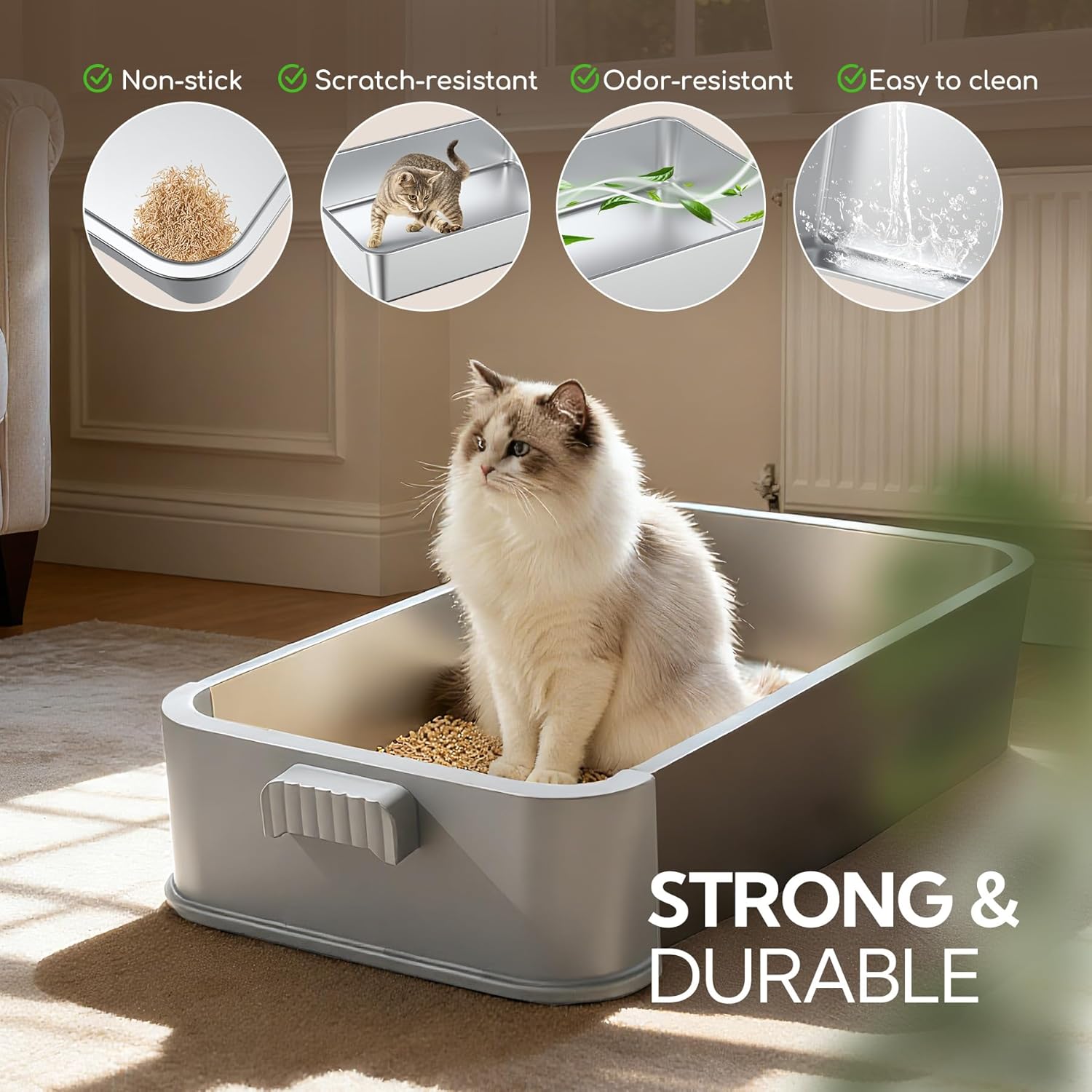 Soulbond Stainless Steel Cat Litter Box with Lid, Enclosed Large Metal Litter Box with Drawer and Flip Door for Big Cats, Top Entry, Odor Control, Easy to Clean (Light Grey)