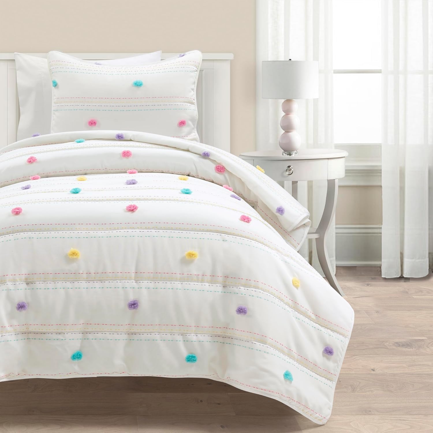 Lush Decor Rainbow Pom Pom and Stripes Quilt Set, 2 Piece Set, Twin XL, White & Rainbow - Fun & Colorful Kids Bedding Set - Rainbow Quilt for Teen Dorm Decor - Striped Quilt - Girls Bedroom Decor