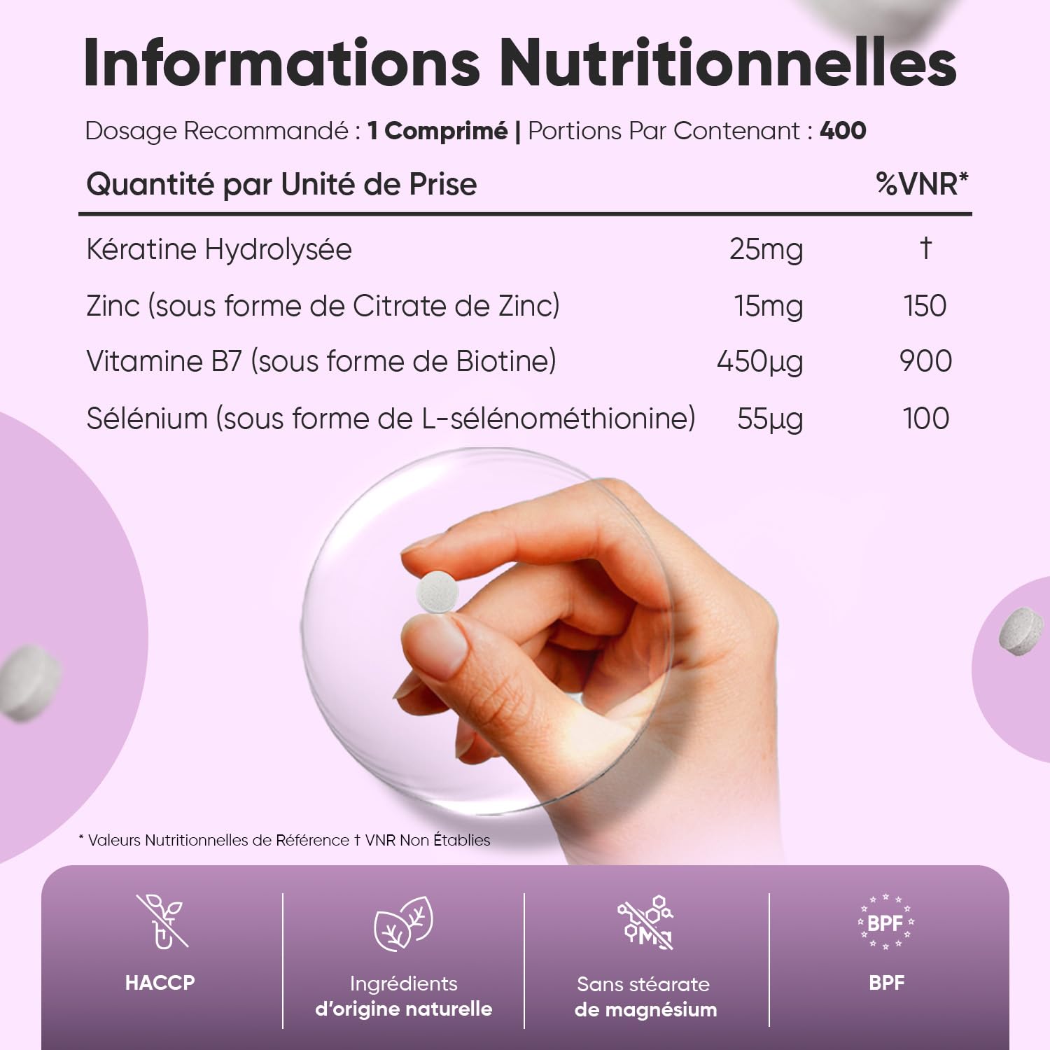 Biotine Cheveux avec Selenium, Zinc et Kératine - 400 Micro Comprimés Vegan de Biotine Zinc Selenium +1 An de Stock - Selon l'EFSA, la biotine contribue au maintien d'une chevelure normale - sans OGM