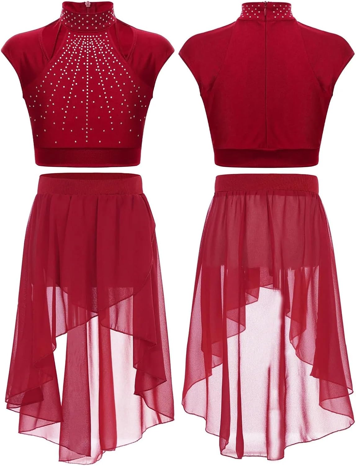 Vestito Da Danza Donna 2 Pezzi - Crop Top E Gonna, Con Strass, Per Danza Latina E Pattinaggio - Foto 4