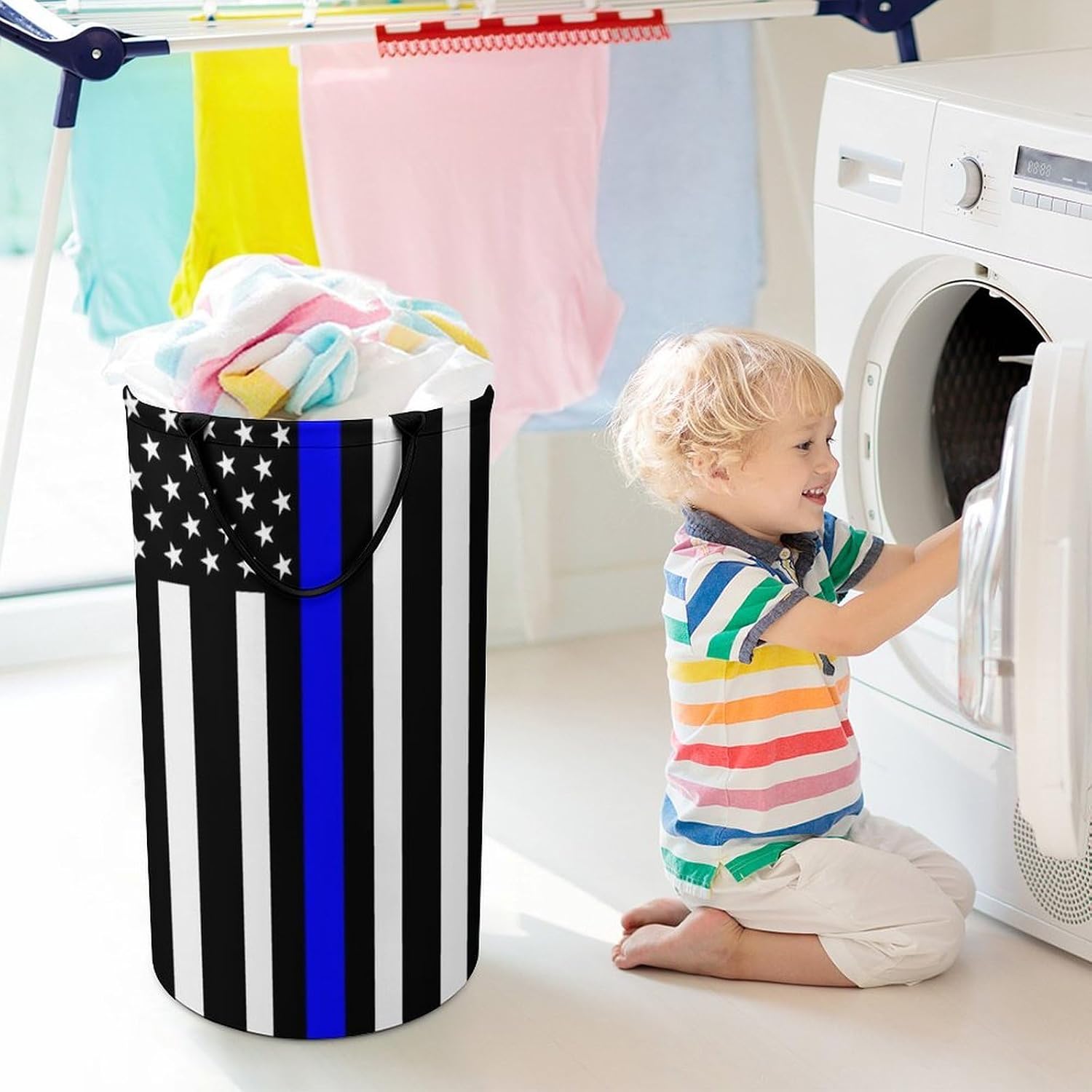 Portable Laundry Basket Freestanding Hamper Fashion Tall Clothes Hamper Thin Blue Line American Flag