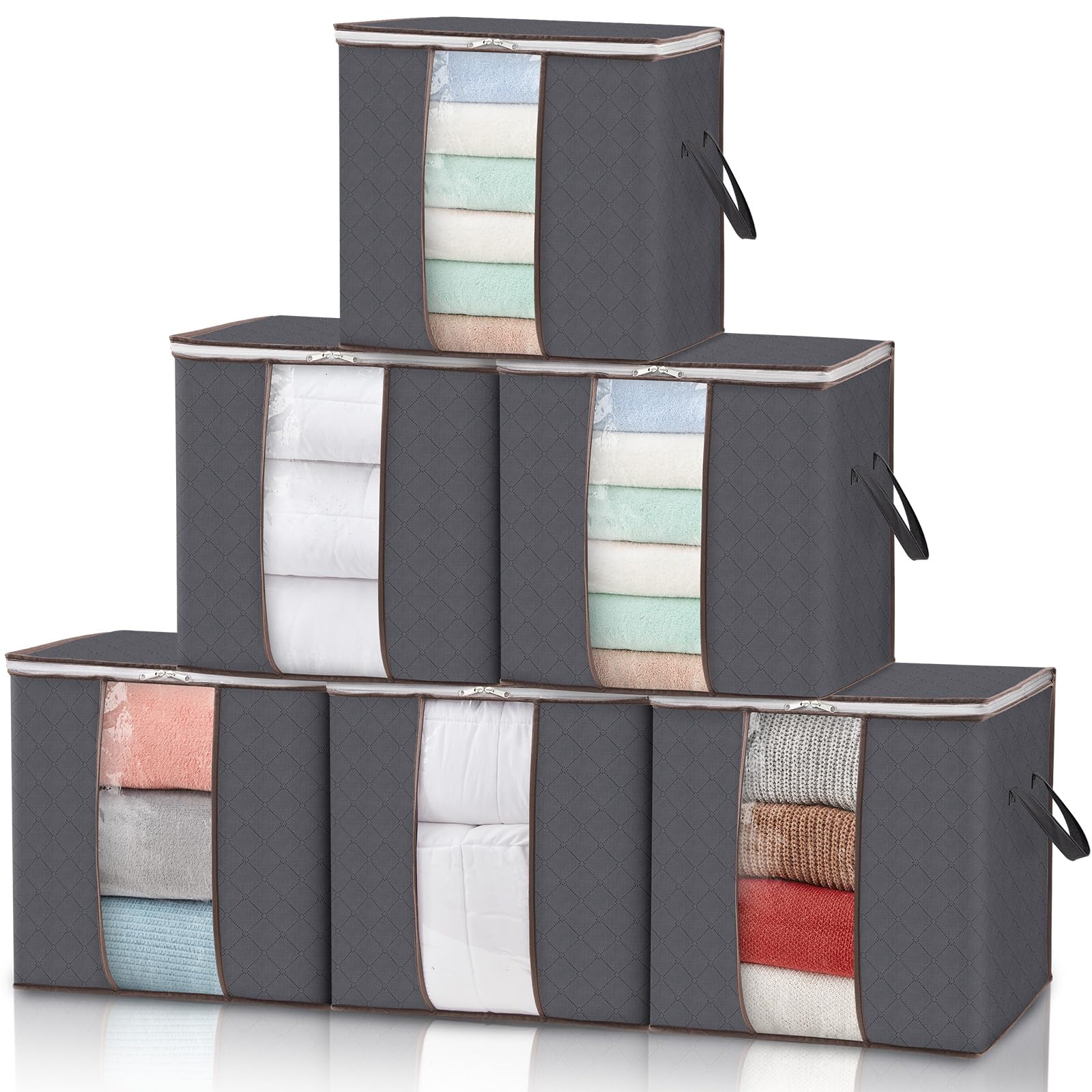 Lifewit 6 Stück 100L Aufbewahrungstasche für Kleidung, Faltbar Aufbewahrungsbox, Organizer für Kleiderschrank mit verstärktem Griff, stabilem Stoff, klarem Fenster, Grau