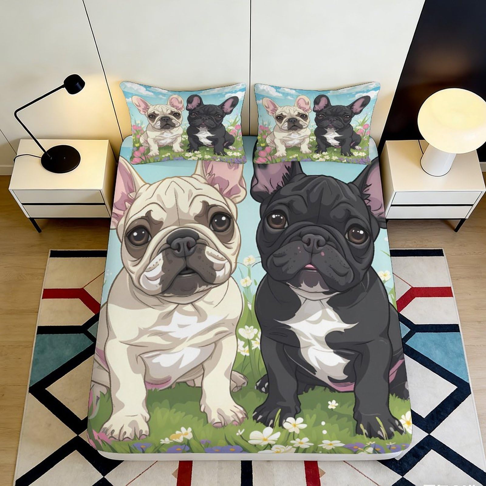 Pnayamiorkfel Style-4 3D Printed French Bulldog Cartoon Fitted Sheet Microfiber Soft Bed Cover, Bedroom Dorm Decor, Easy Care Mattress Protection 90X200x25cm