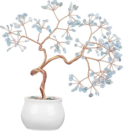 Amogeeli Árbol de dinero de cobre con cristal de amatista curativa con maceta de cerámica, árbol de la suerte bonsái de piedra hecho a mano para
