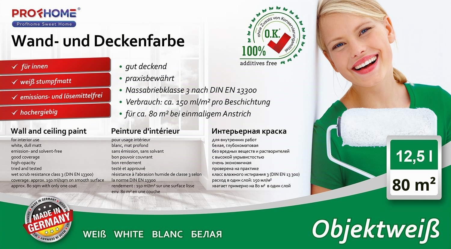PRO[f]home Profhome Peinture Blanche Mur et Plafond Mate 12,5L | Haute Couvrance Monocouche, Peinture Intérieure Professionnelle, Blanc Mat Profond, Rendement 80m², Fabriqué en Allemagne
