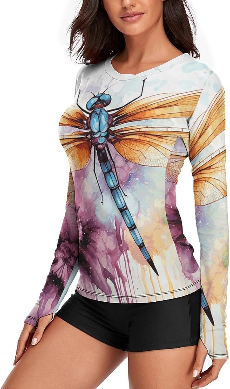 UPF 50+ Womens Sun Protection Shirts UV SPF T-Shirts Dragonfly Watercolor Painting Long Sleeve Rash Guard Athletic Tops-