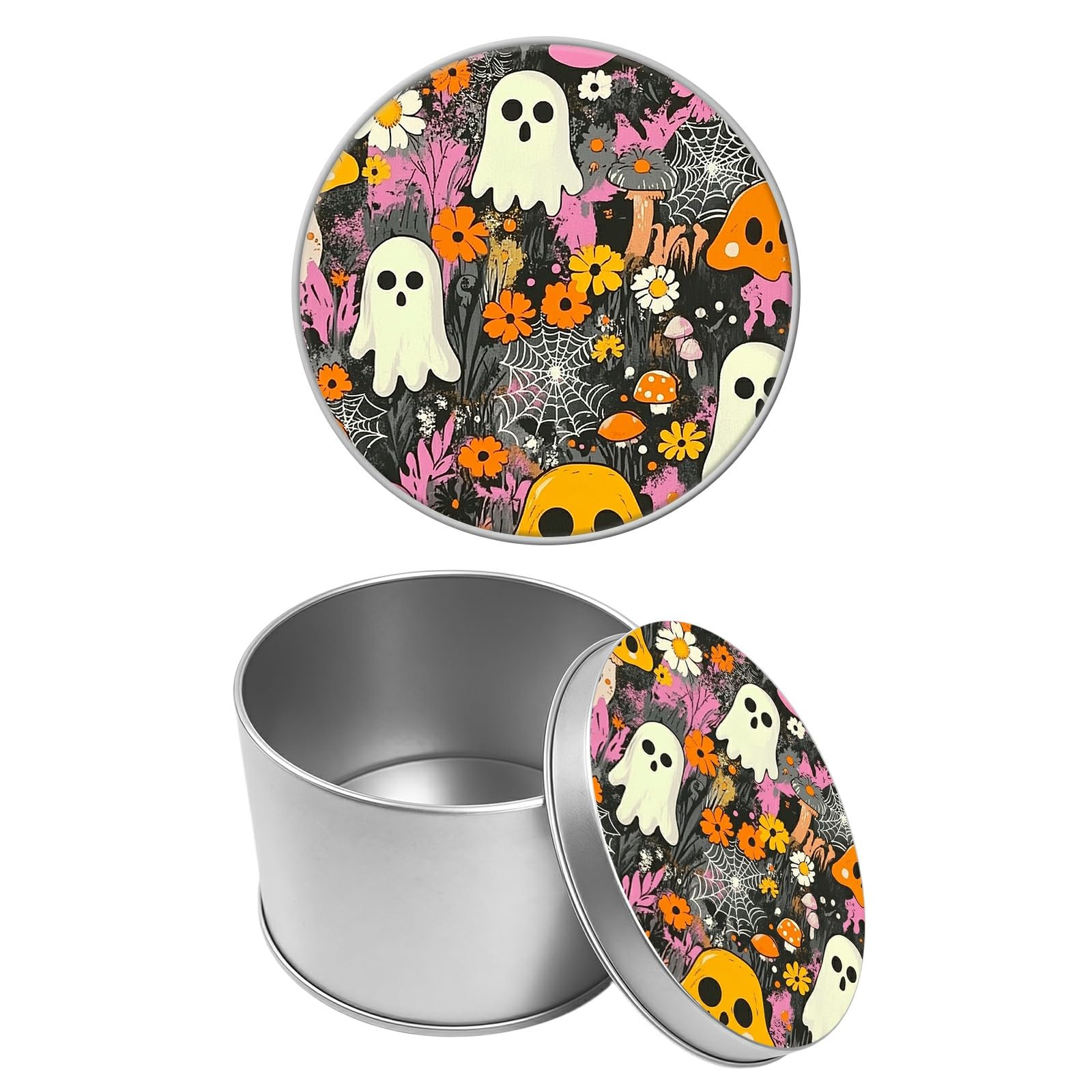 Round Metal Tin Container with Removable Lid, Ghost Flowers Durable Metal Storage Box for Cookies Spices Tea Candies Cakes Jewelry Cosmetics 3.54 x 2.36 inch– Single Pack