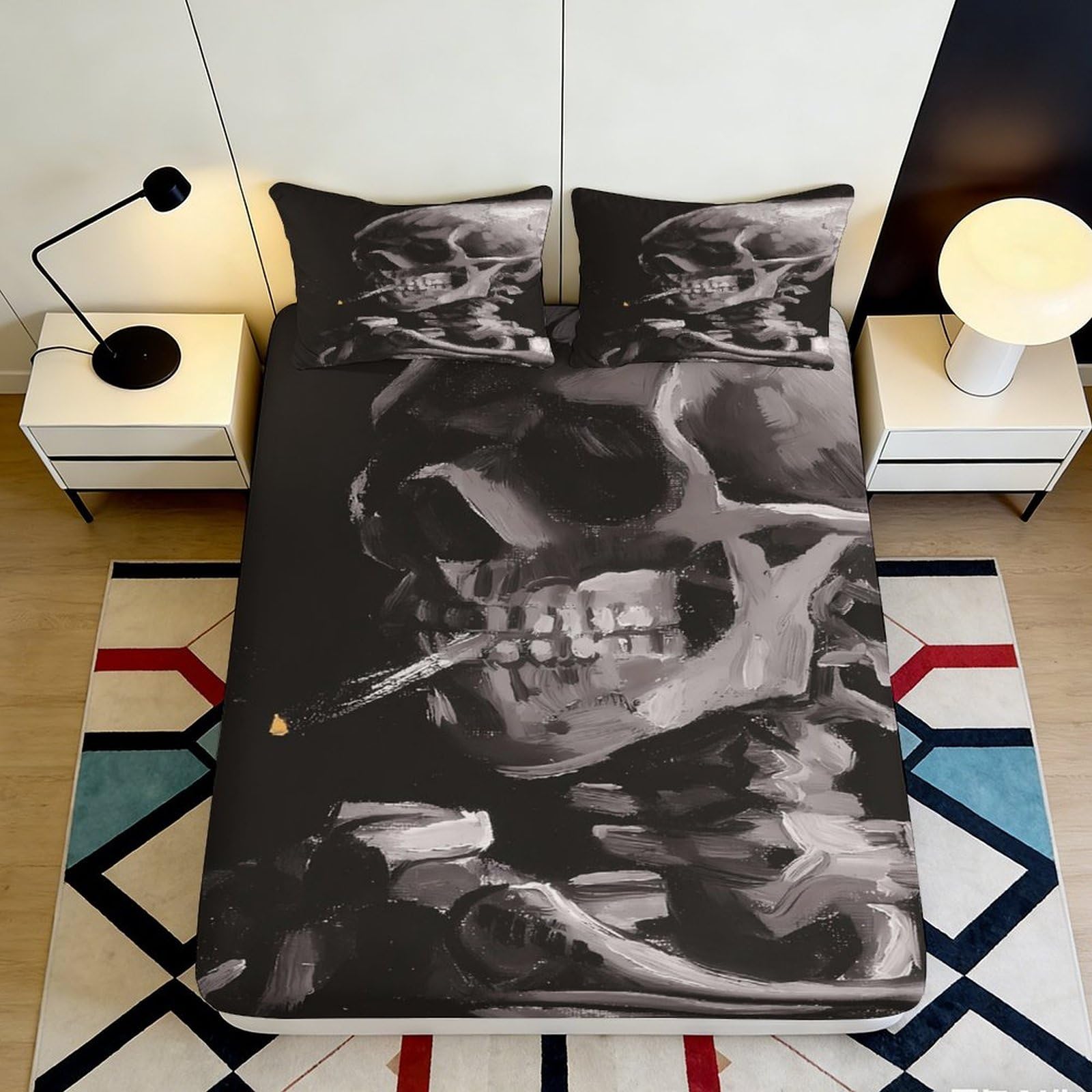 3D Printed Smoking Skull Fitted Sheet Microfiber Soft Black Gothic Skeleton Bed Cover for Bedroom Dorm Mattress Protection Decor 180x200x25cm