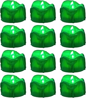 Windshell Green Flickering Flame Tealight Candles with 6H Timer (No Remote), Melting Design, Battery Operated LED Flameless Tea Lights, Pack of 12