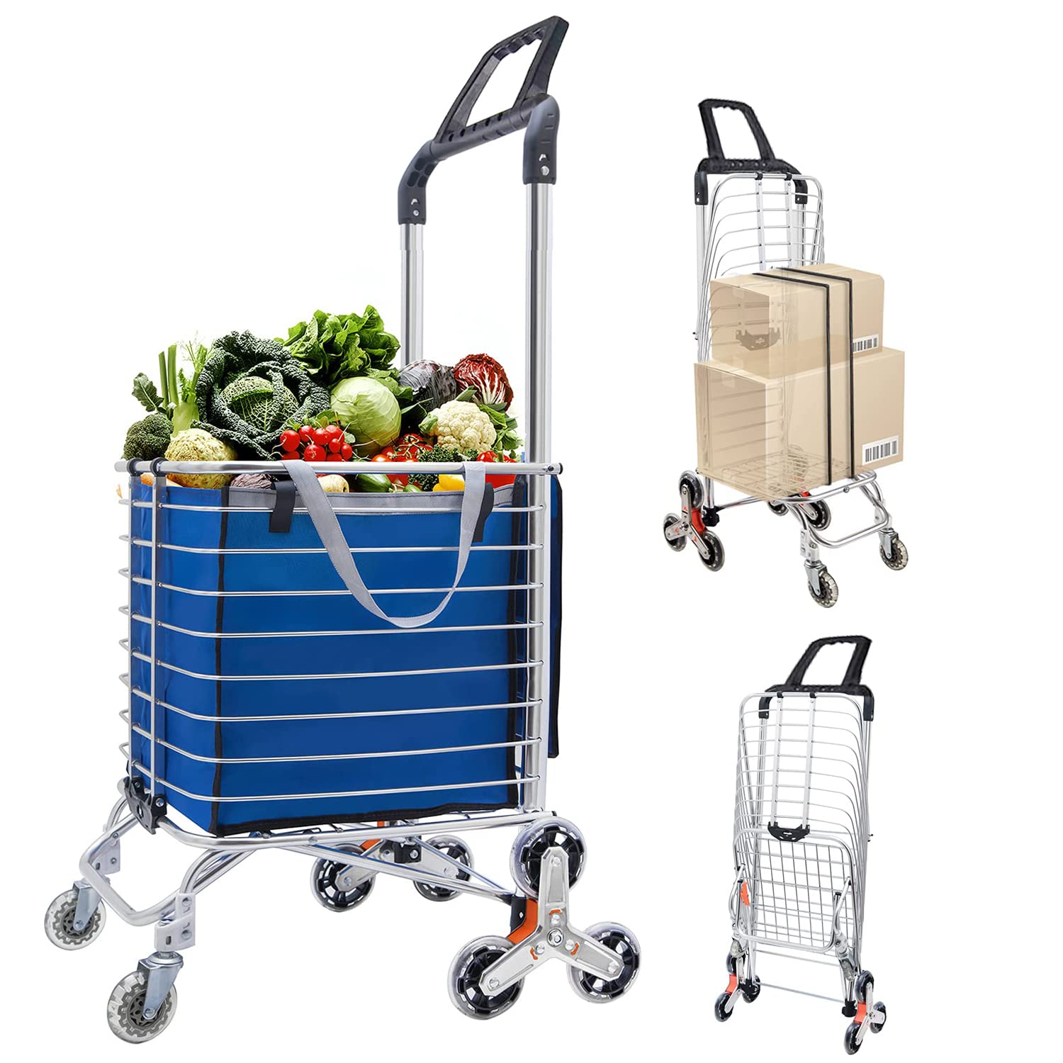 Photo 1 of Shopping Cart with Wheels 50L Large Capacity Wheeled Shopping Cart Folding,Double Handle Rolling Grocery Laundry Utility Cart(Blue) Blue Larger size