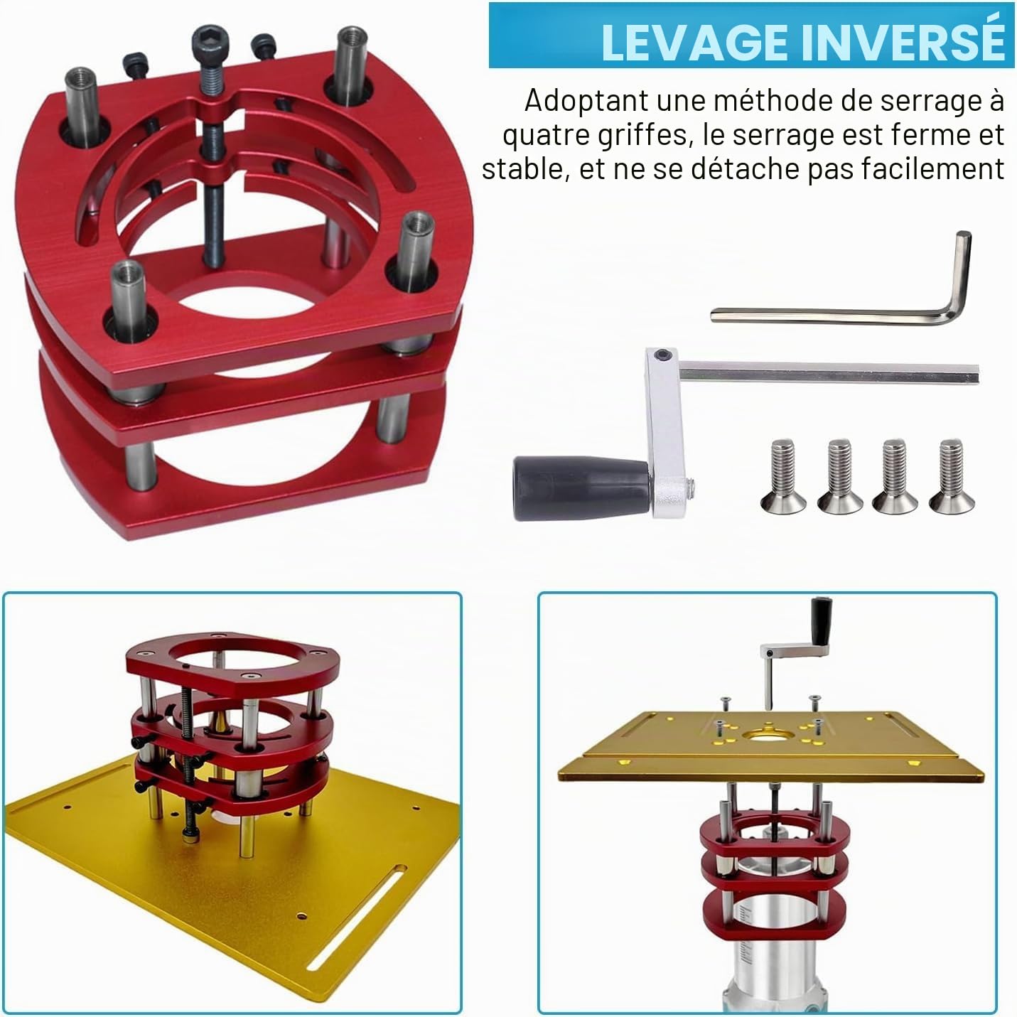 Défonceuse-Lift, Kit Levage Défonceuse en Métal pour Plaque Base D'Insert Défonceuse Scie Table, Travail du Bois, Plaque D'Insert Table Défonceuse,Base Levage, Convient pour Diamètre 64 Mm À 66