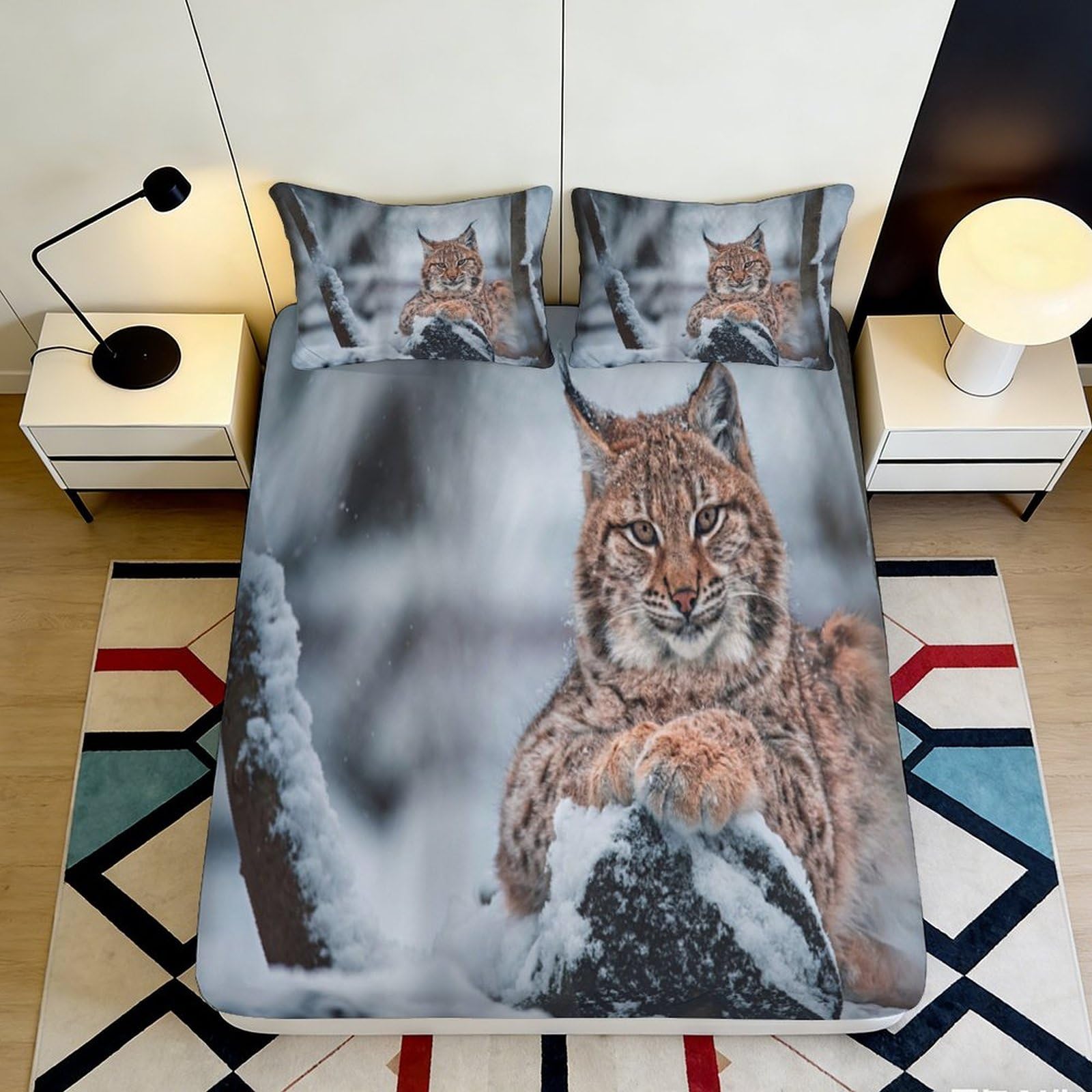3D Printed Snow Lynx Fitted Sheet Microfiber Soft Breathable Winter Animal Bed Cover for Bedroom Dormitory Guest Room Mattress Protection Decor 180x200x25cm