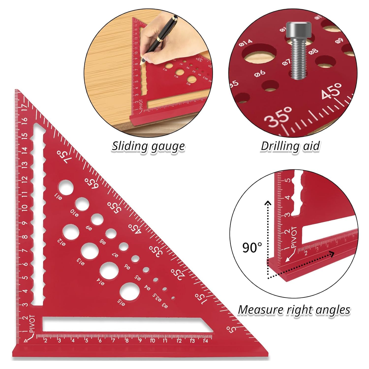 7 Inch Speed Square, Metric Woodwork Square, Aluminum Alloy Rafter Square, Roofing Square Tool, Carpenters Square, for Angle Measuring Marking (Red)
