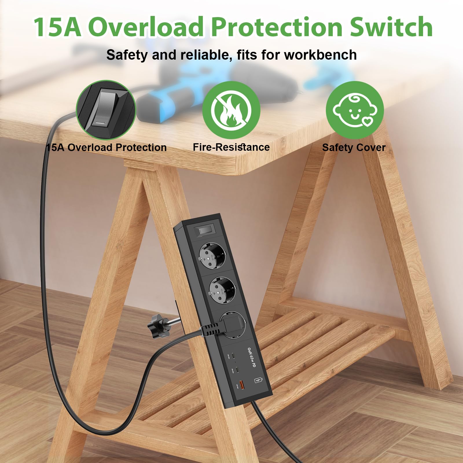HANNELORE Presa da Tavolo con 2 USB C PD 65W, Alluminio Presa Multipla da Tavolo a 3 Vie Cavo 3 m, Presa da Tavolo Presa Multipla per mobili o Piani di Lavoro