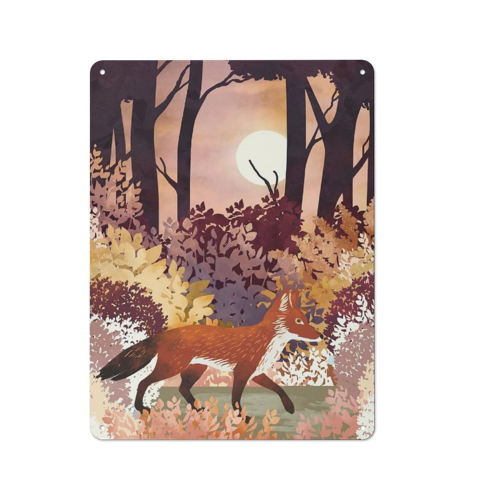 Junmoney Style-16 Autumn Fox Forest Metal Wall Sign 40X30cm, Rustic Decor For Workshop Wall, For Vintage Wall Decor Fans, For Themed Room Decoration