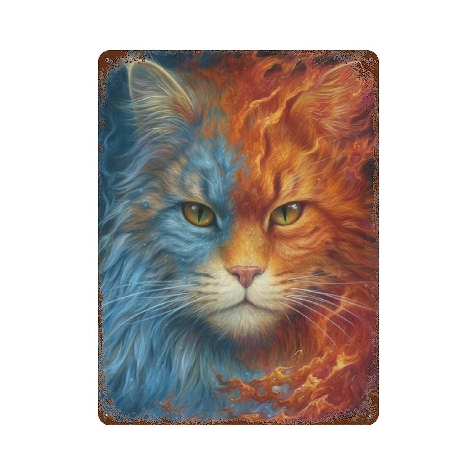 Rust Effect Tin Sign Flame And Ice Fantasy Cat Art Print 15.7"x11.8", Industrial Home Decor for Garage, Bar And Workshop Decor