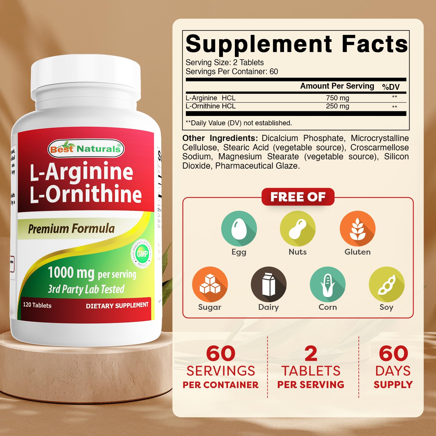 Best Naturals L-Arginine L-Ornithine - 1000mg per Serving - 120 Tablets - Non-GMO & Gluten Free (120 Count (Pack of 1)) — Amazon image 2