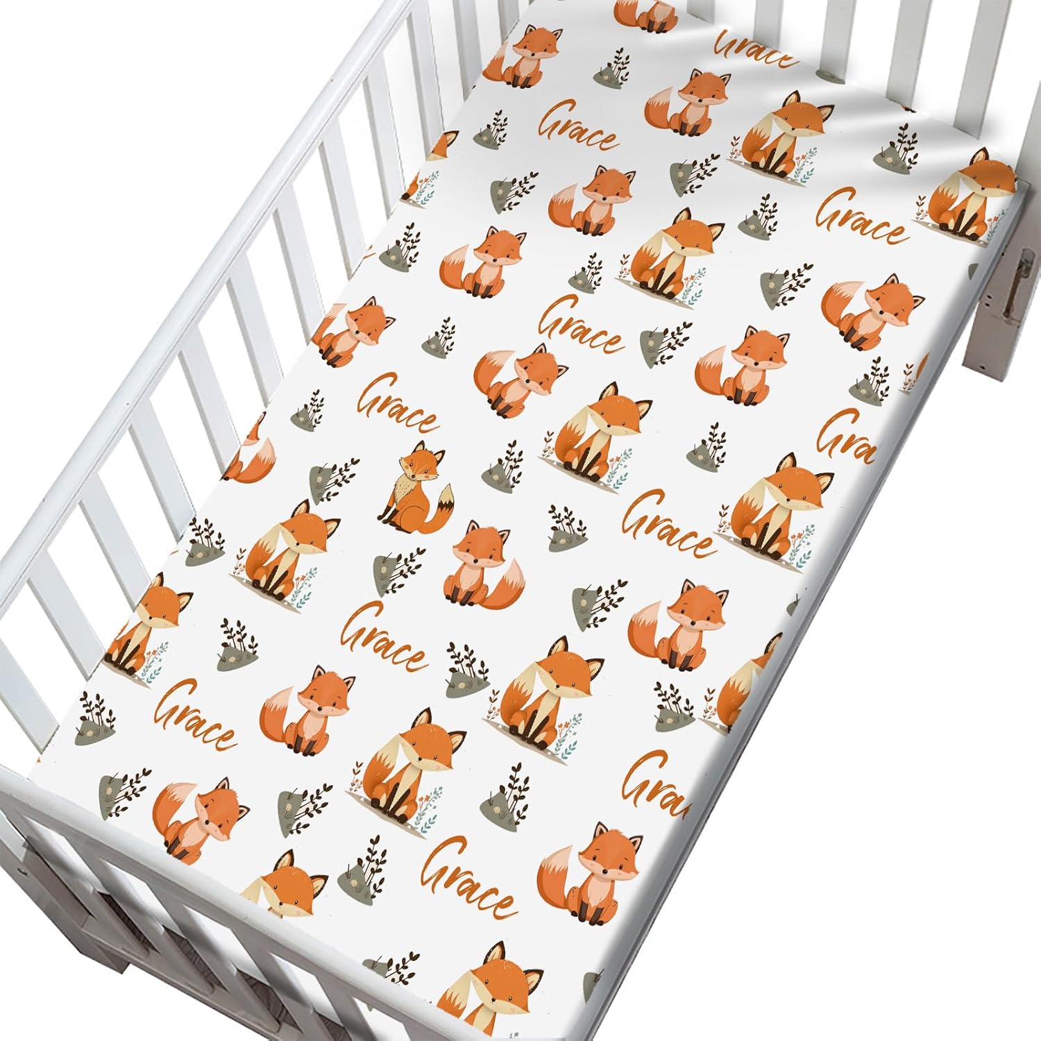 Customized Cute Fox Crib Sheets with Name, Personalized Name Baby Crib Mattress Sheets for Girls Boys, Name Crib Sheets for Standard Crib and Toddler Mattresses, Nursery Bedding Sheets