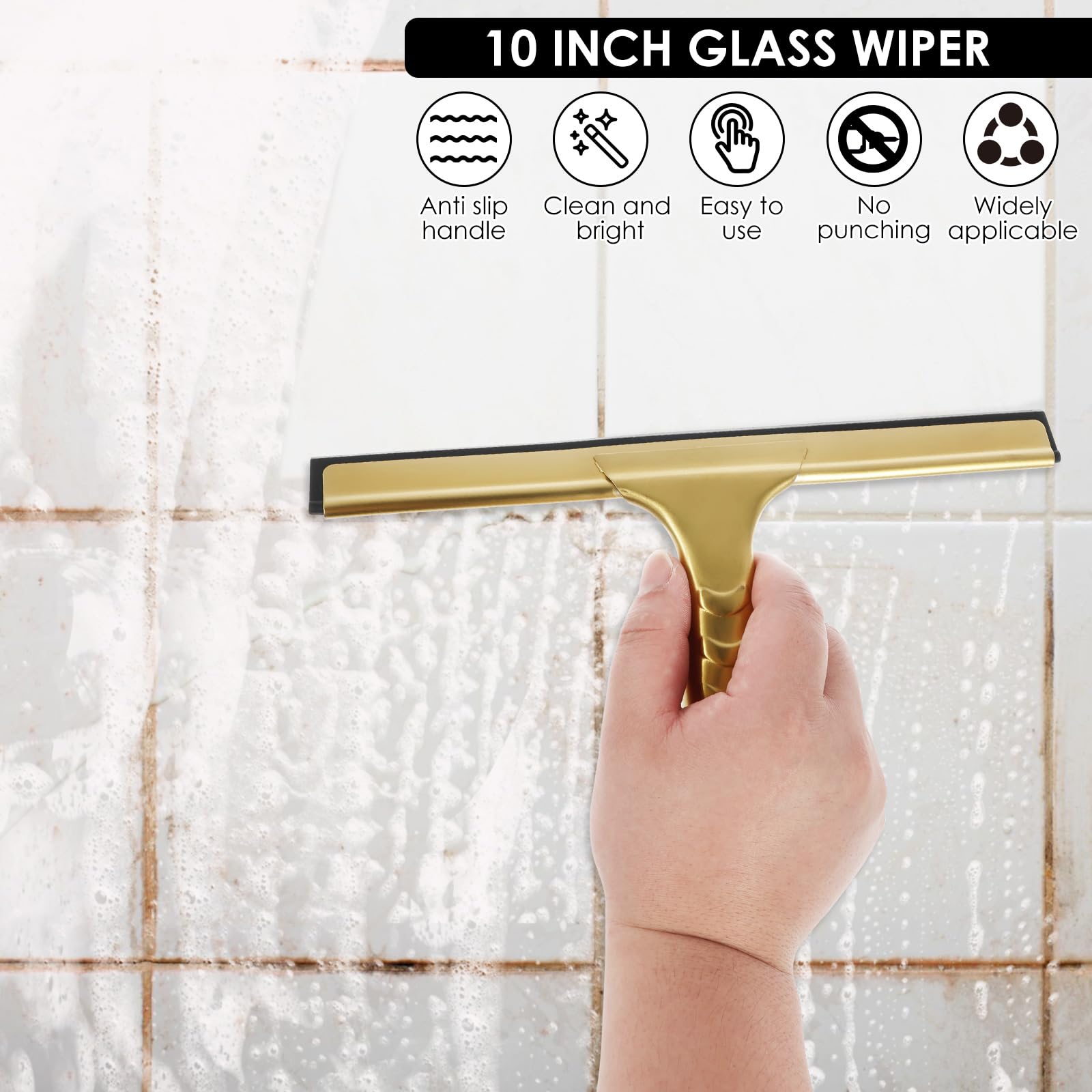 ZJRDYYK All-Purpose Shower Squeegee, 10 Inch Bathroom Glass Cleaner Tool with 2 Adhesive Hook, Stainless Steel Shower Squeegee for Shower Glass Door, Window, Tile Wall, Car (Gold)