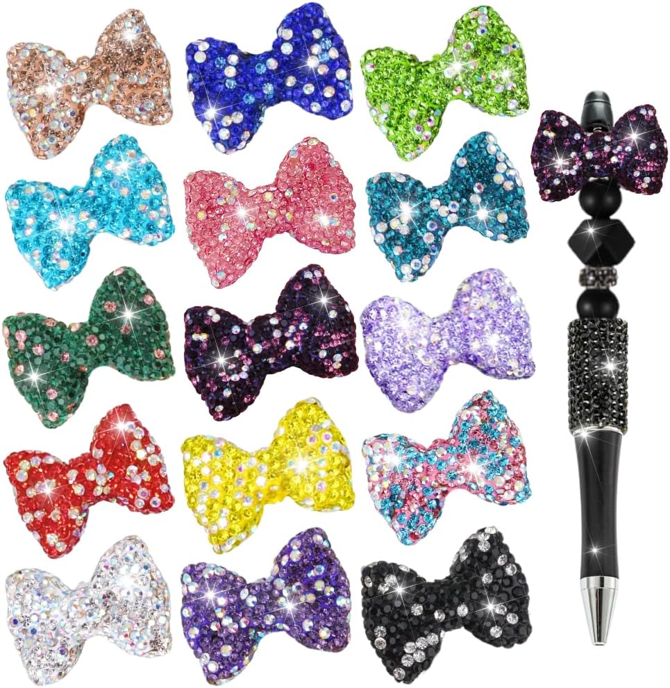 Bow Beads for Pens 15 Pcs Rhinestone Focal Bead for Crafts Fits for Beadable Pens Jewelry Making Braclets Bling Chunky Glitter Beads for DIY Supplies