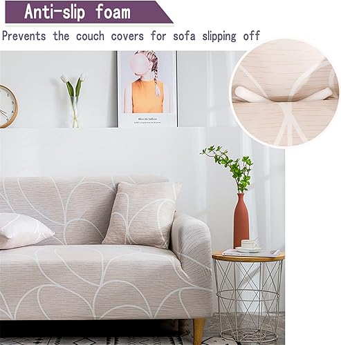 Miniatura 4 de Qubjus Funda de sofá estampada elástica para sofá de 1 plaza, protector de muebles lavable con una funda de almohada gratis (S, beige)