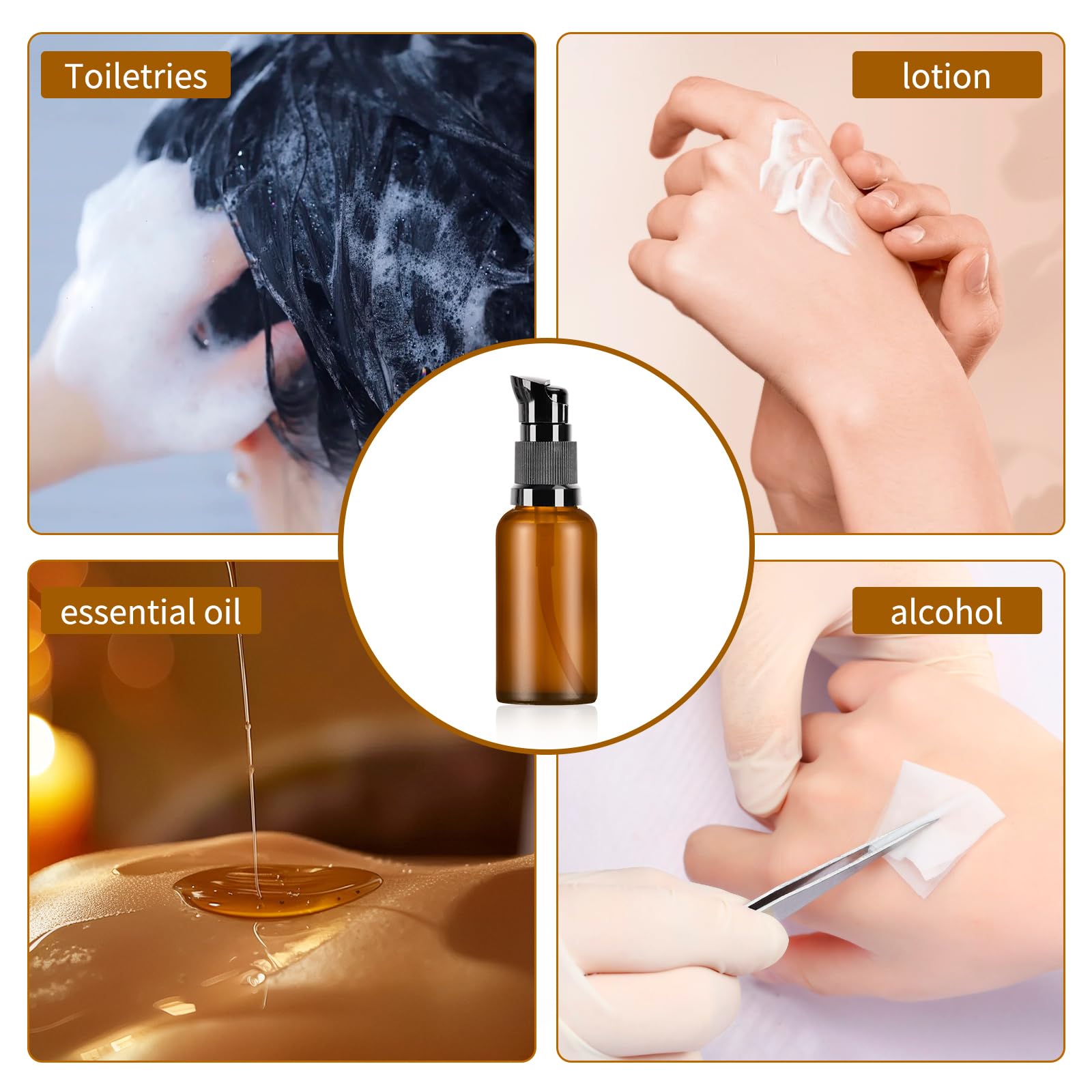 5 pustych szklanych butelek do napełniania, 30 ml, z brązowego szkła, dozownik z pompką, butelka z pompką, na podróż, z 2 lejkami