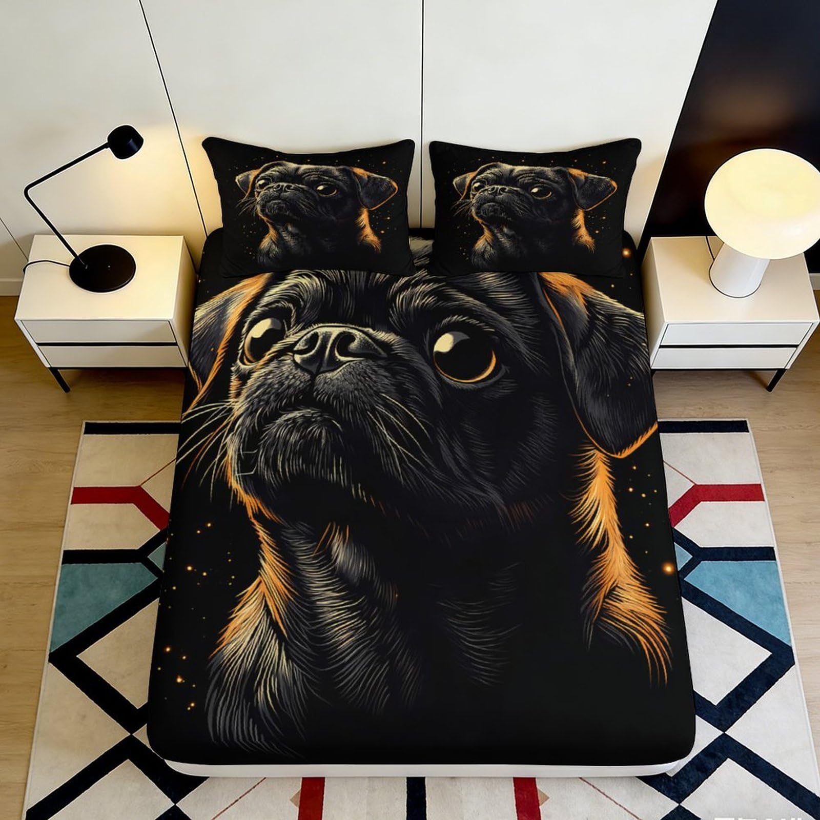 3D Printed Black Pug Art Fitted Sheet Microfiber Soft Mattress Cover for Bedroom Dorm Bed Protection Decor 120x200cm 160x200x25cm