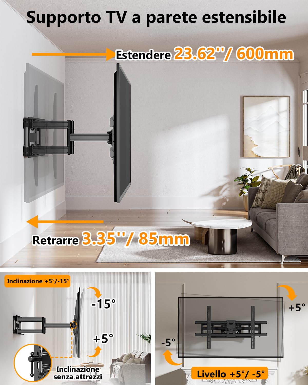 Supporto TV Parete da LED LCD 60 a 120 Pollici, Staffa TV con Movimento Inclinabile ed Estendibile, Braccio TVs con Doppio Braccio Articolato Ultra Resistente 125kg, VESA 200x100-1000x600mm