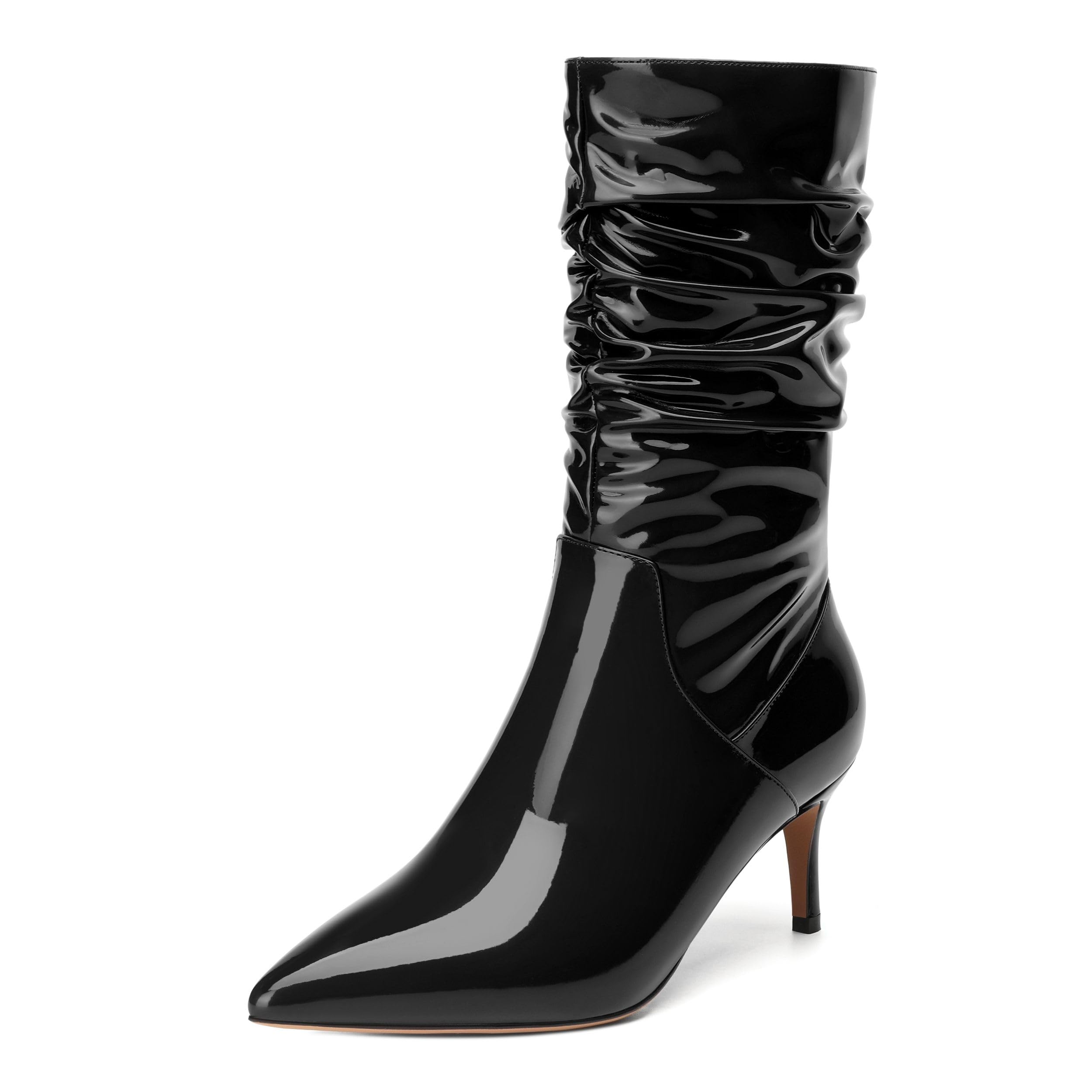Womens High Heel Mid Calf Slouchy Boots Pointed Toe Zip Fashion Boot Black Patent Size 5