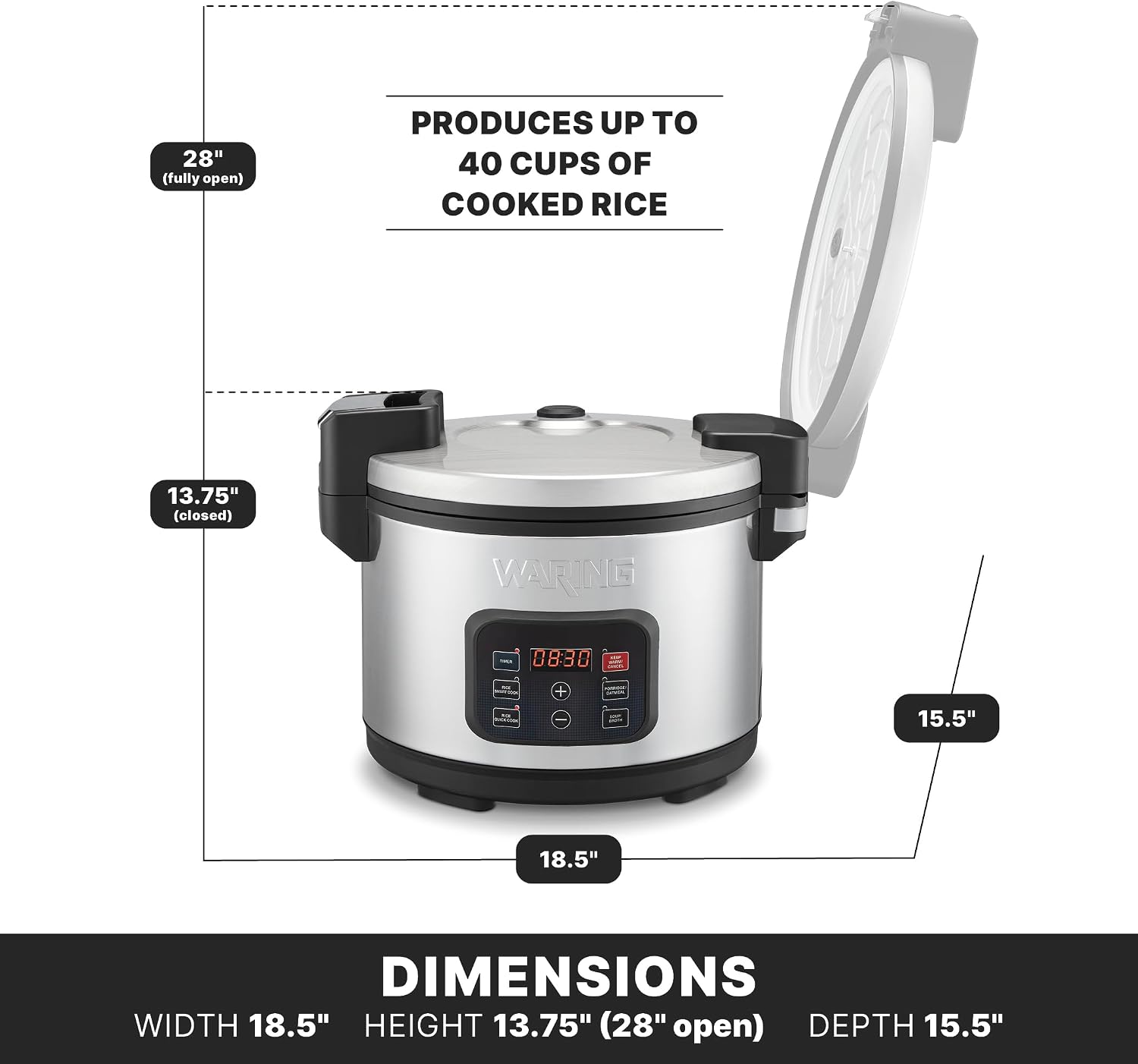 Waring Rice Cooker with 40-Cup Cooked (20-Cup Raw) Capacity | 40-Cup Cooked (20-Cup Raw) Capacity, PFAS-Free Ceramic Inner Pot, Keeps Warm for 8 Hours