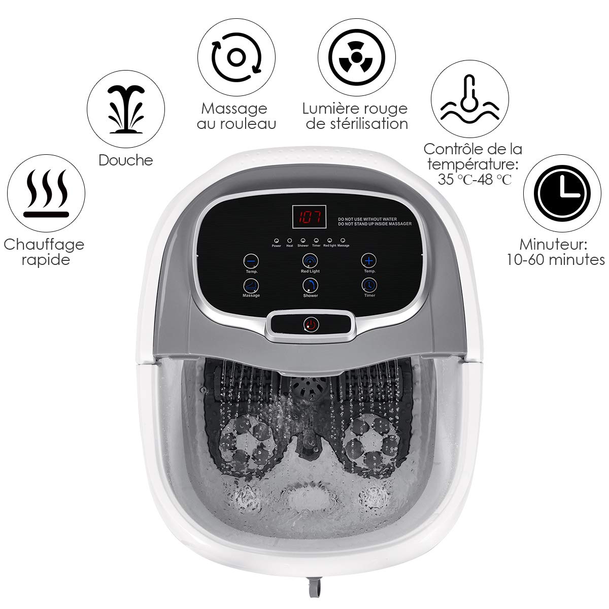GOPLUS Bain de Pied Massant Chauffant avec Lumière Rouge et Fonction de Douche, Vibrant avec Bulles, Bain de Pieds Électrique avec Température et Temps Ajustable, 6 Rouleaux de Massage, 4 Roues (Gris)