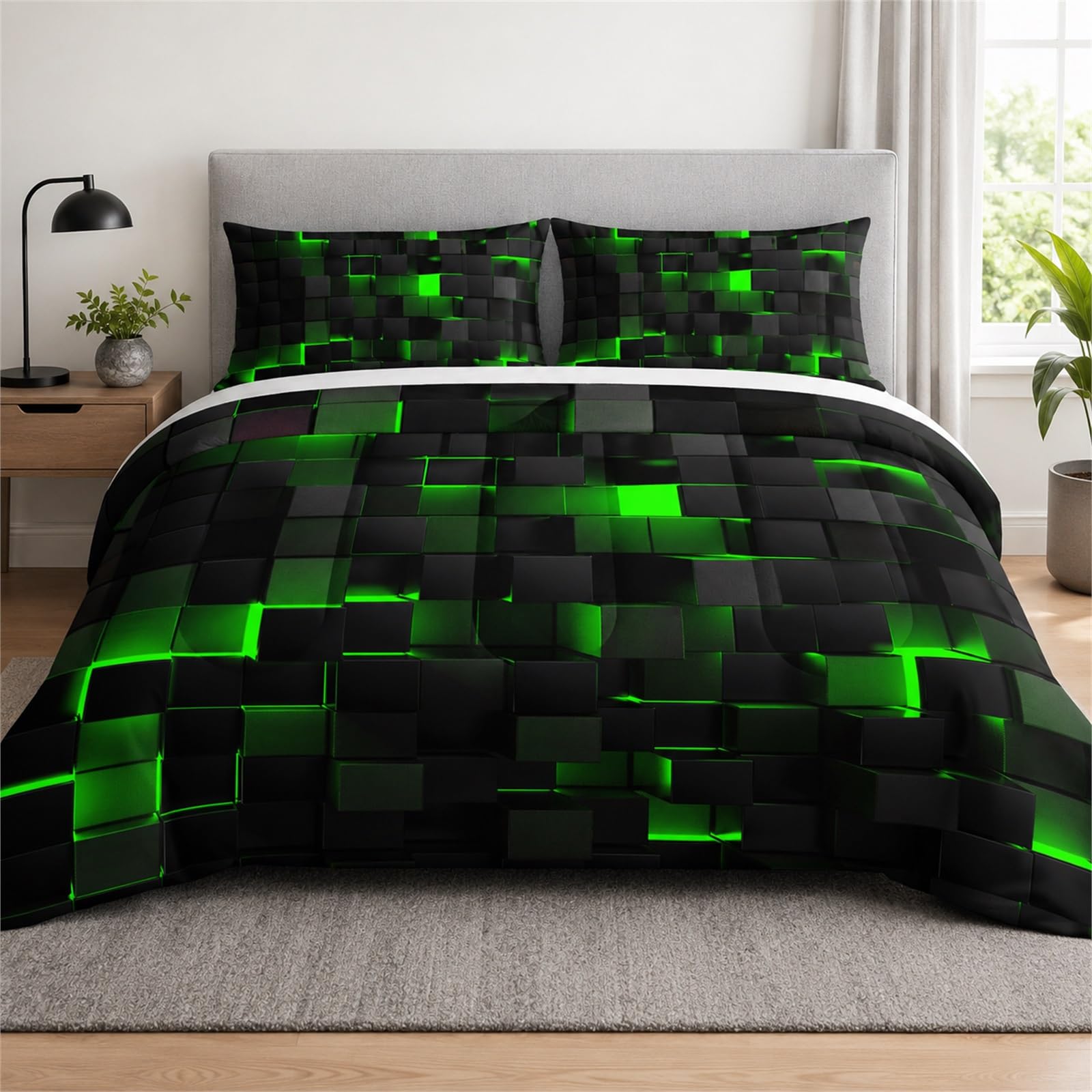 Tabeskly Boys Kids Geometric Square Bedding Geometry Lattice Double Duvet Cover Sets with Zipper Black Neon Green 200x200 CM — image 1