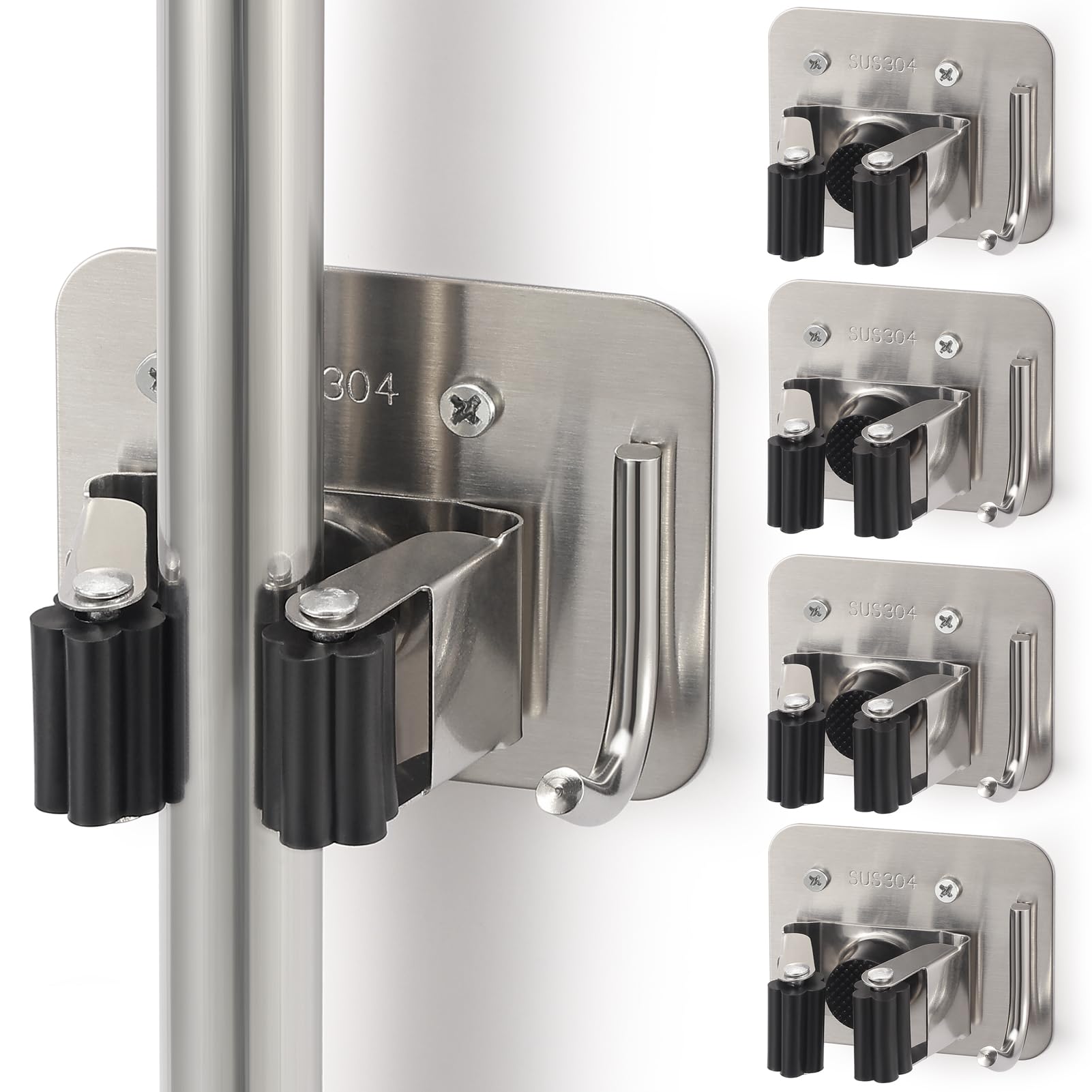 Soporte para escoba de montaje en pared, resistente acero inoxidable para fregona perforado, perfecto para organizador de lavandería, cocina, garaje, jardín