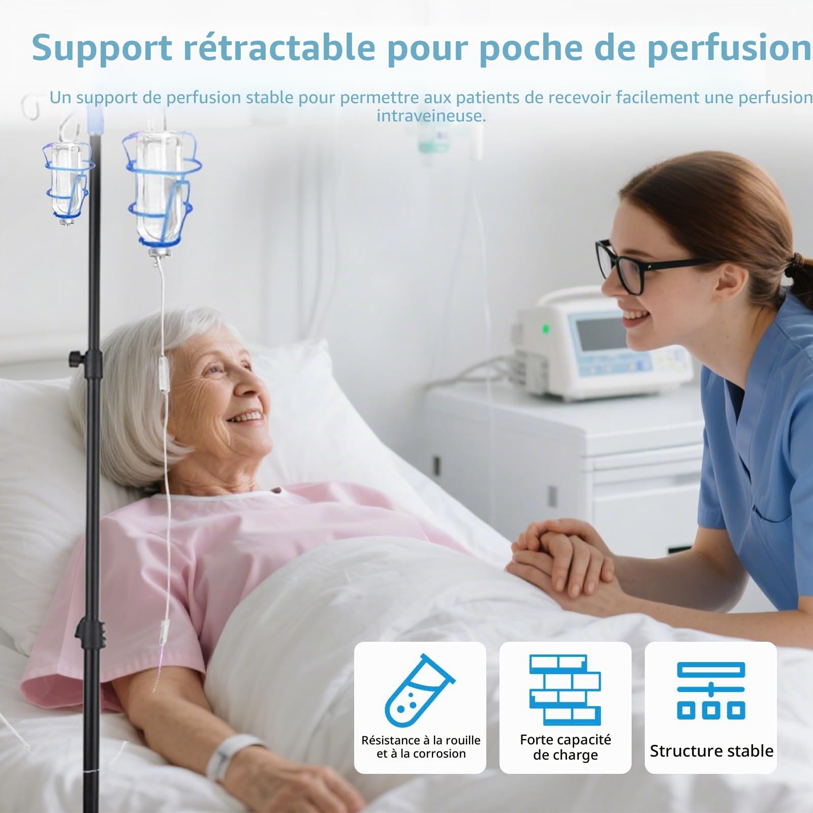 Support de Perche Intraveineuse avec Roues, Pliable Support D'infusion IV avec 4 Crochets, Hauteur Réglable, Télescopique Support de Perfusion pour Hôpital et Soins à Domicile