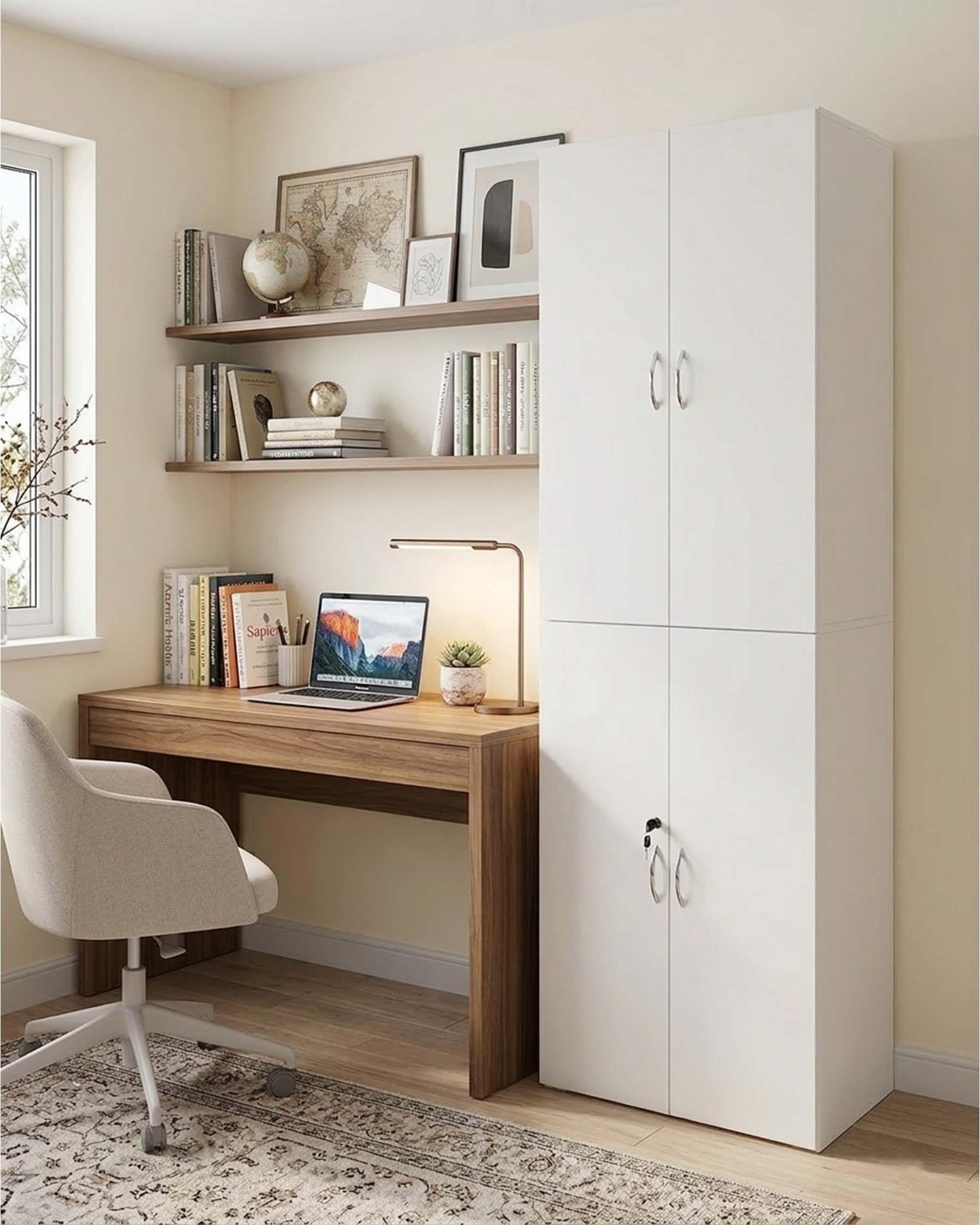 Armoire à documents verrouillable Placard de bureau blanc avec portes 58x30x180 cm Placard multi-usages Armoire haute Armoire de stockage en bois étroite Placard pour bureau Couloir Placard