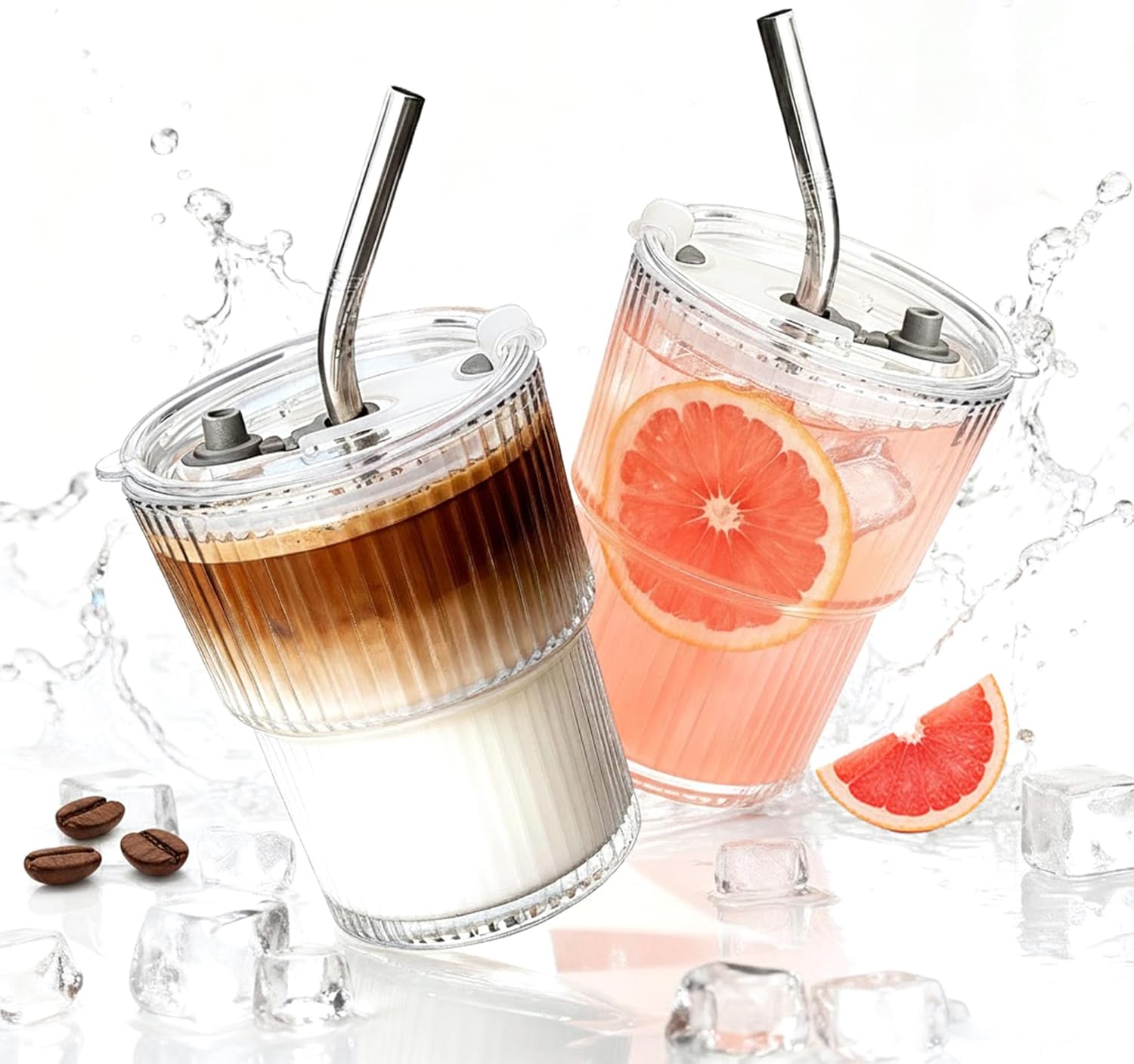 2 Packs Ribbed Glass Tumbler with Lid and Straw 13 oz Vintage Ice Coffee Cup Set Bulk Simple Smoothie Juice Matcha Tea Water Slushie Clear Hot Drink Glasses Travel Mug Modern Kitchen Glassware
