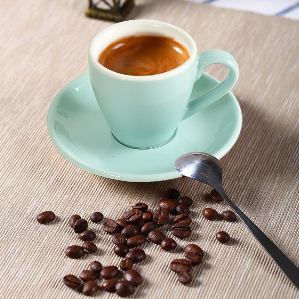 ionEgg Porcelain Espresso Cup with Saucer and Mini Stainless Steel Spoons, Espresso Shot Glass, 80ml, Set of 2, Blue - Image 3