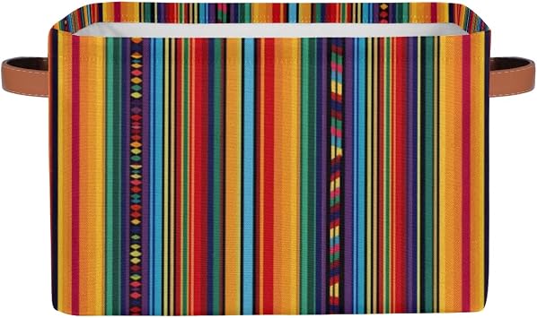 Cinco De Mayo Large Fabric Storage Basket for Shelves Organizing, Rectangular Closet Organizer with Handles, Mexican Colorful Stripes Decorative Foldable Closet Storage Basket