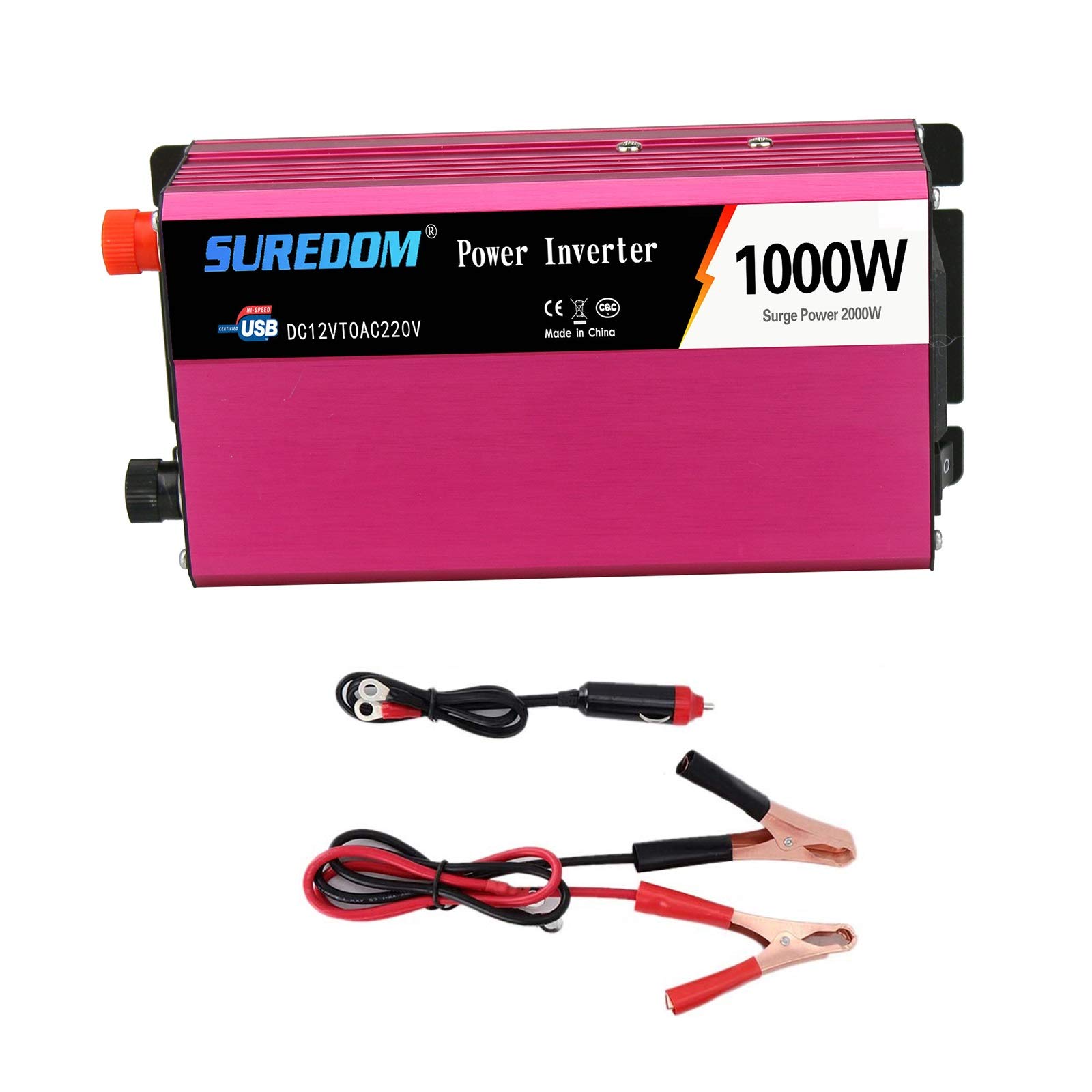 1000W Car Power Inverter, DC 12V to AC 220V Voltage Converter with 1AC Universal Socket and 5V USB Port, Charge Your Laptop, Tablet, Consoles & More, Durable and Powerful, Rose Red Aluminum Body