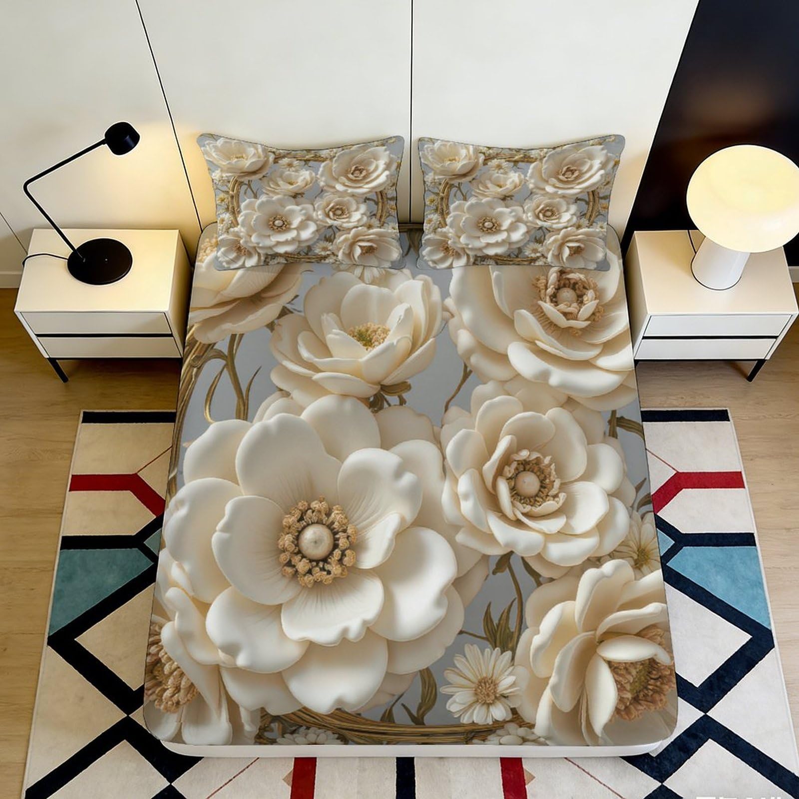 Jqzkxnhpbr Style-10 3D Printed Beige Floral Fitted Sheet Microfiber Soft Breathable Cream Petal Bed Cover For Bedroom Guest Room Decor 90X200x25cm