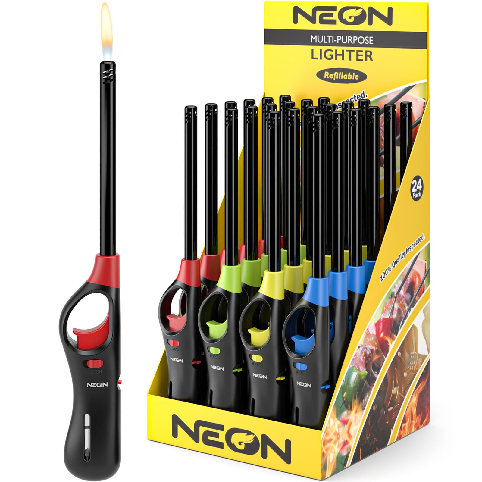 NEON Lighter, Refillable Butane Candle Lighter, 24 Pack Multi-Purpose Reusable Lighters with Long Metal Wand and Adjustable Soft Flame for BBQ, Grill,