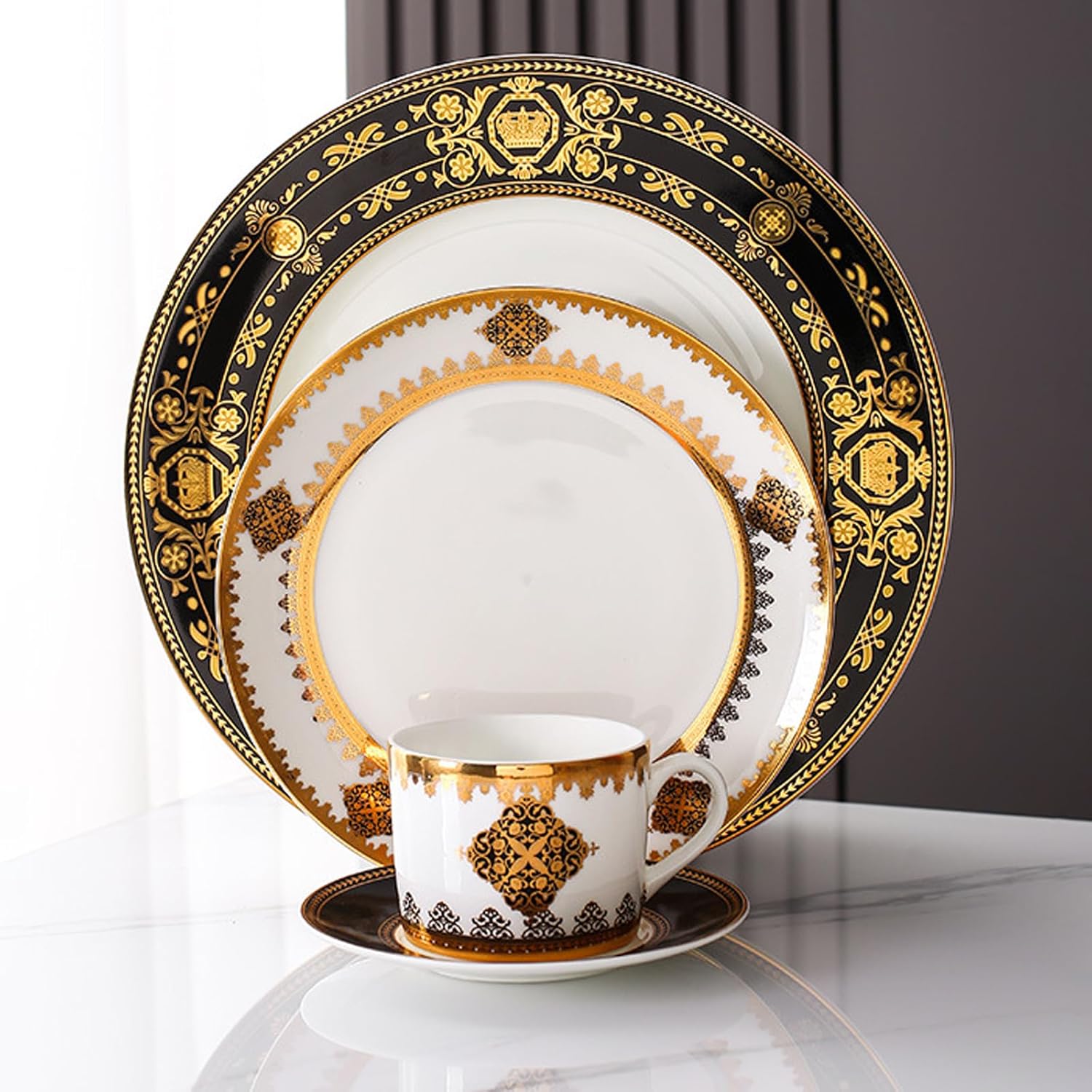 24 Piece Dinnerware Sets for 6, Bone China dishes set with Dinner Plate, coffee cups and saucers,Scratch Resistant, Dishwasher Safe,gold