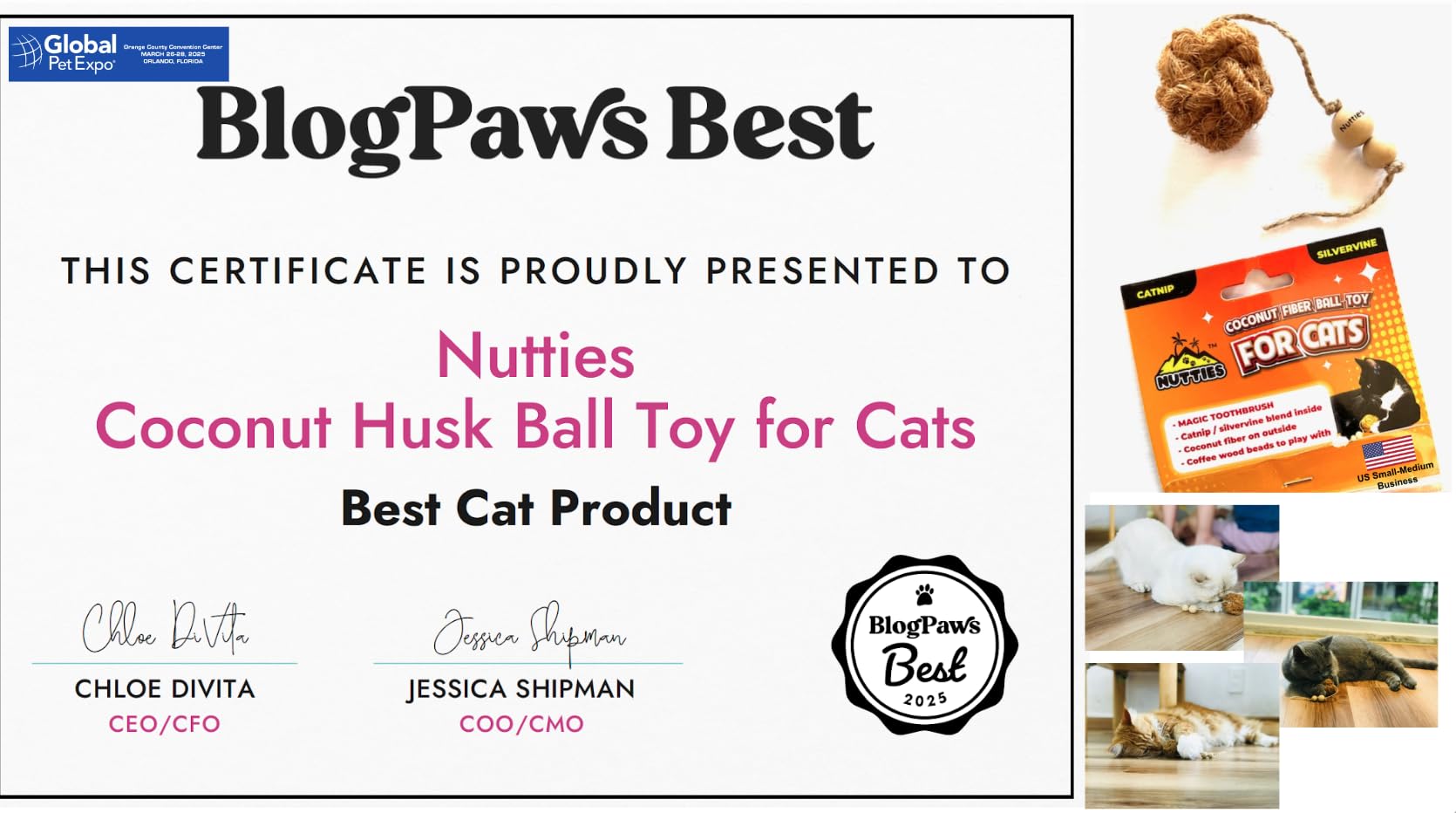 Nutties for Cats - Natural Coconut Fiber Ball Toy and Magic Toothbrush (with Catnip and Silvervine Inside)