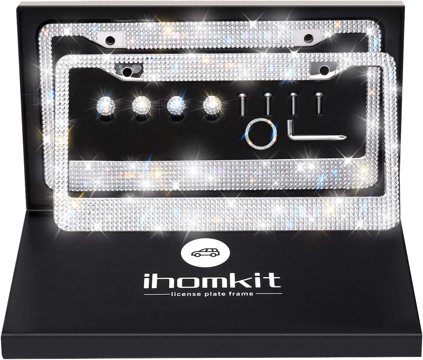 Glass Diamond Car License Plate Frame,Luxury Handcrafted Bling White Rhinestone Premium Stainless Steel License Plate Frame with Giftbox.AA SS16 Glitter Crystal (Glass Diamond Rhinestone)