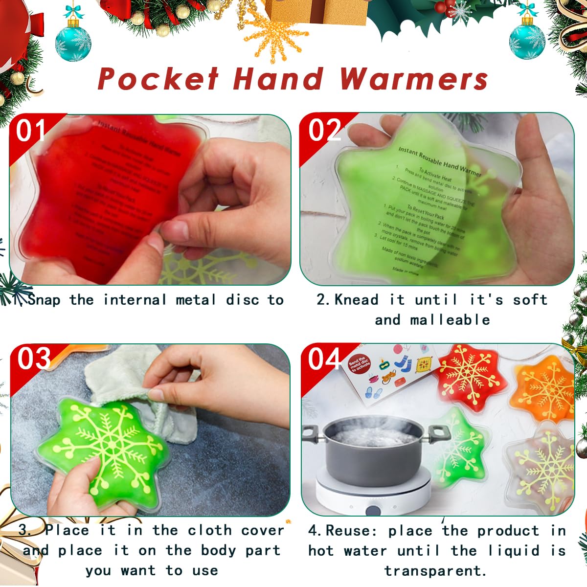 Reusable Snap Heat Pack, Click Hand Warmers for Camping, Outdoor, Indoor, Working, Studying (Christmas Star)